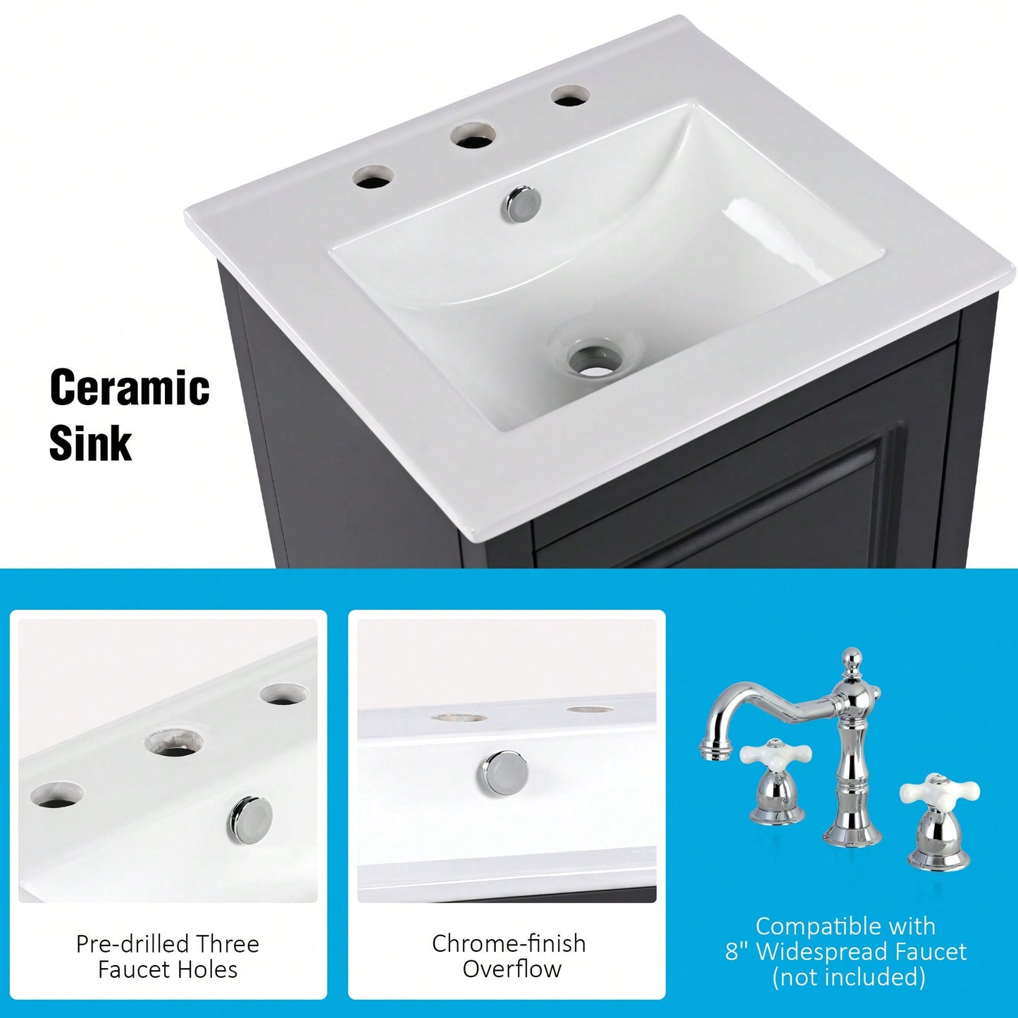 20.3 Inch Black Bathroom Vanity With Sink Soft-Close Door Functional Drawer And Door Shelf