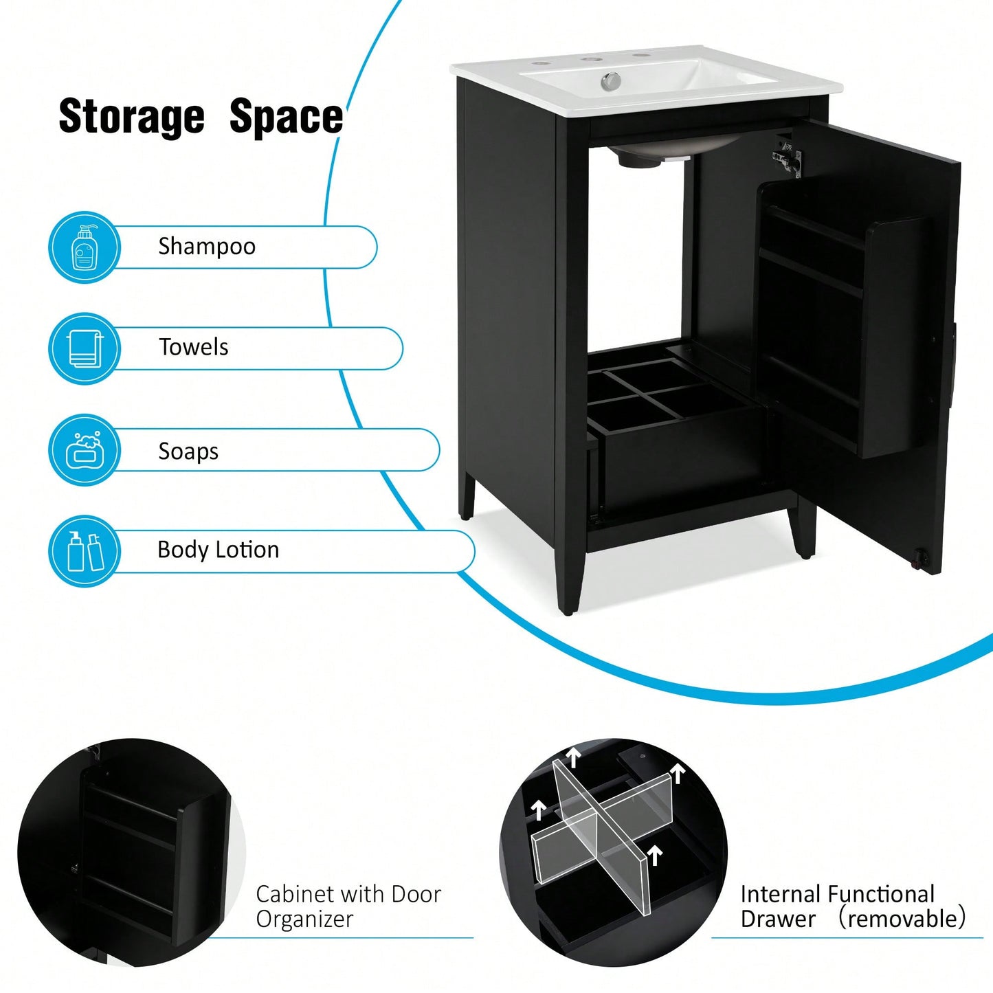 20.3 Inch Black Bathroom Vanity With Sink Soft-Close Door Functional Drawer And Door Shelf