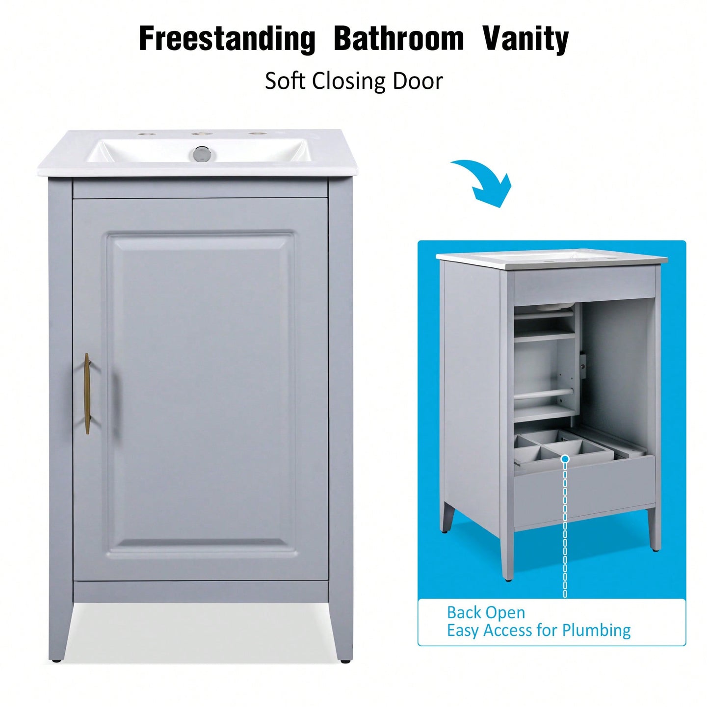 20.3 Inch Black Bathroom Vanity With Sink Soft-Close Door Functional Drawer And Door Shelf