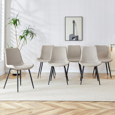 Artificial Leather Dining Chair Set Of 6 With Curved Cushion Design And Black Metal Legs For Restaurants Kitchens And Offices Light Grey