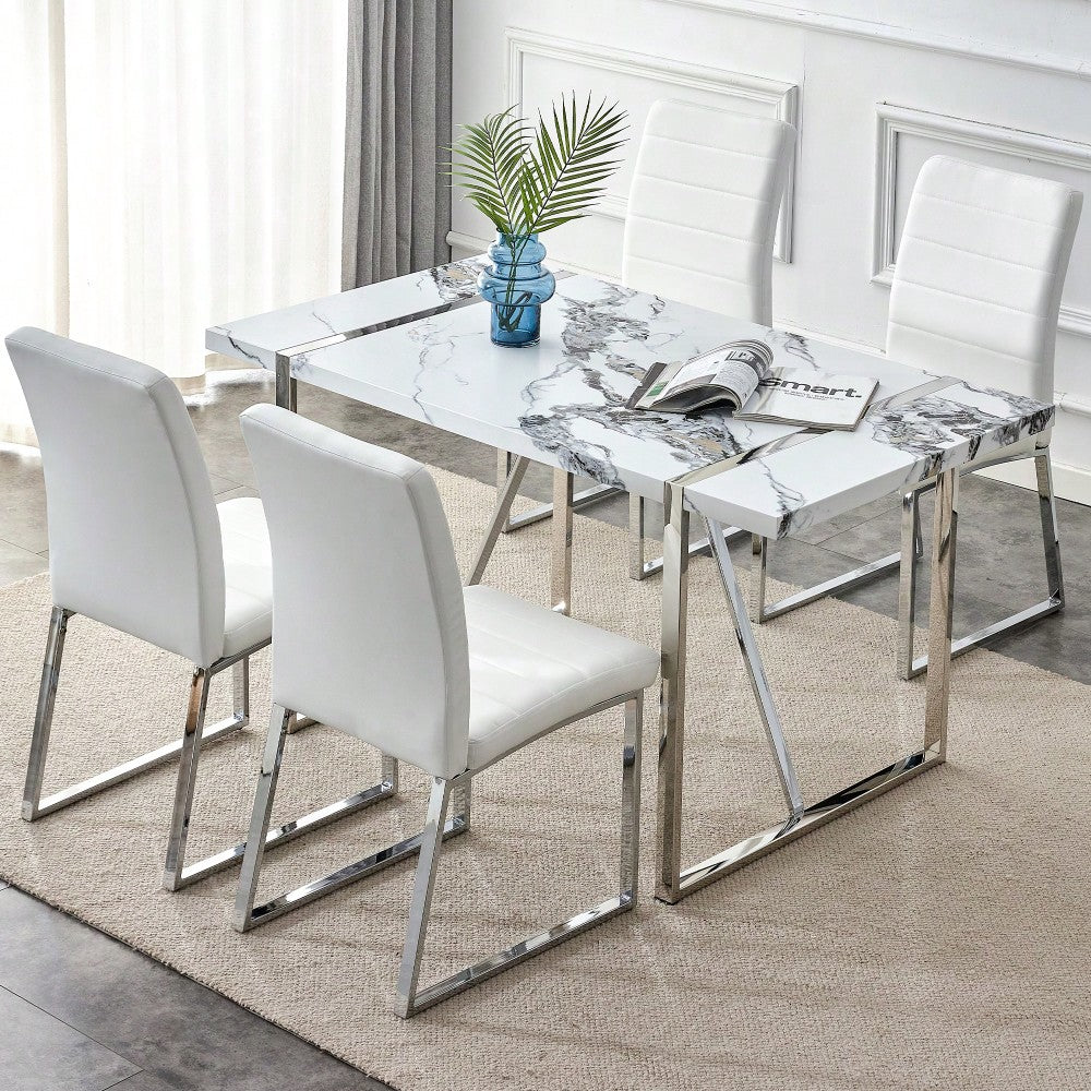 55 Inch Rectangular Faux Marble Dining Table For 4 People Modern Home Office Living Room Furniture Easy Assembly White And Silver