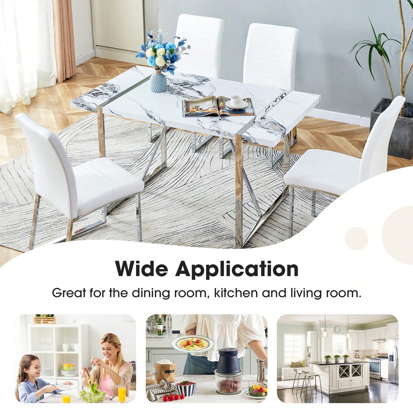 55 Inch Rectangular Faux Marble Dining Table For 4 People Modern Home Office Living Room Furniture Easy Assembly White And Silver