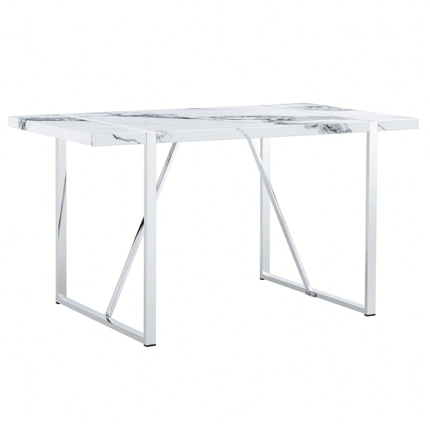 55 Inch Rectangular Faux Marble Dining Table For 4 People Modern Home Office Living Room Furniture Easy Assembly White And Silver