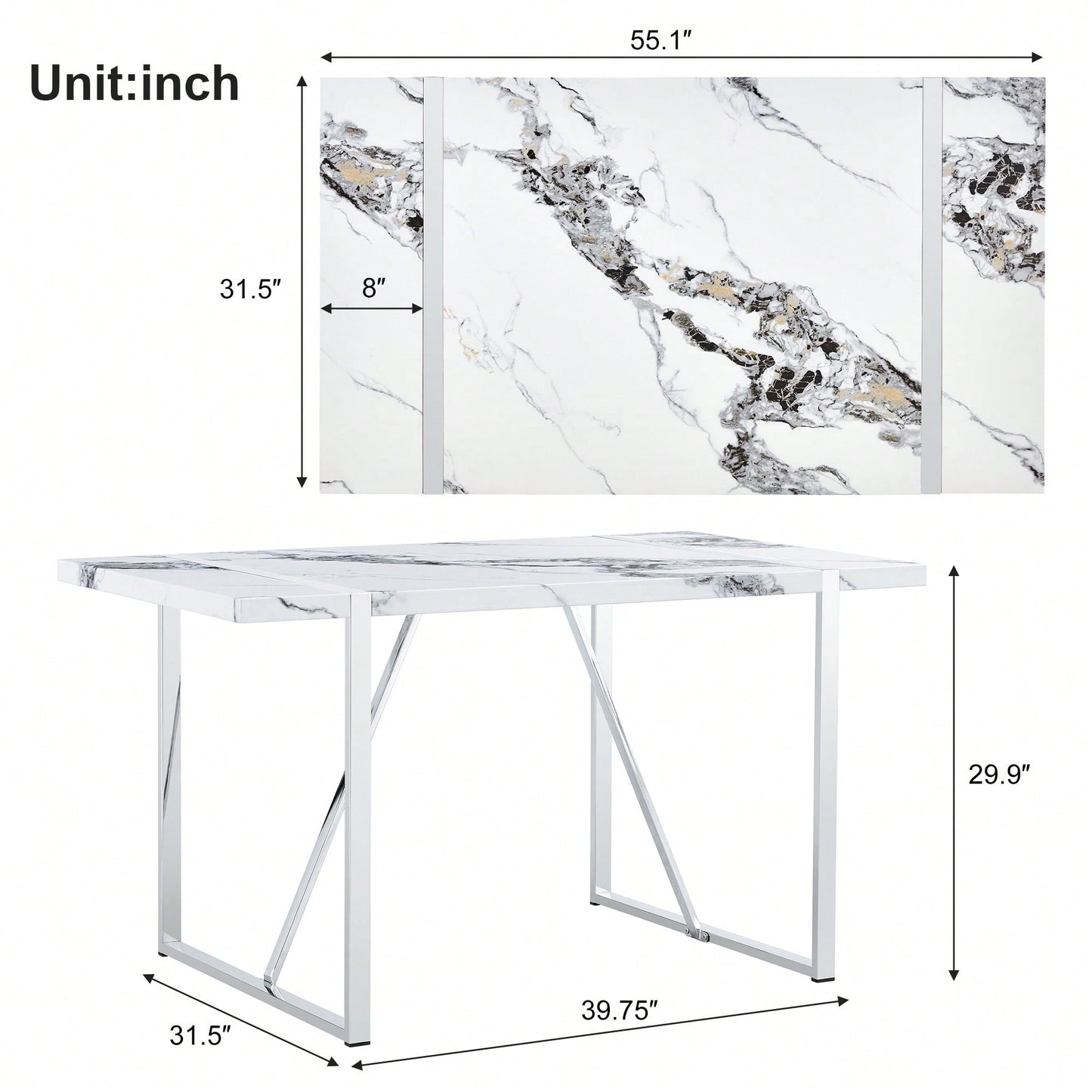 55 Inch Rectangular Faux Marble Dining Table For 4 People Modern Home Office Living Room Furniture Easy Assembly White And Silver