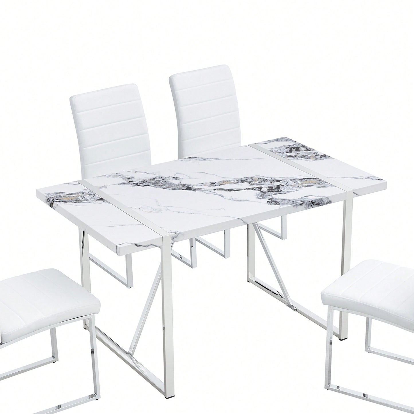55 Inch Rectangular Faux Marble Dining Table For 4 People Modern Home Office Living Room Furniture Easy Assembly White And Silver