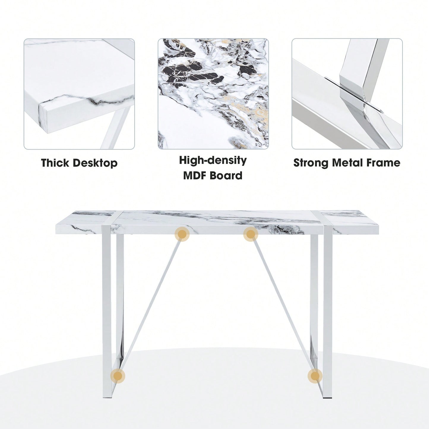 55 Inch Rectangular Faux Marble Dining Table For 4 People Modern Home Office Living Room Furniture Easy Assembly White And Silver