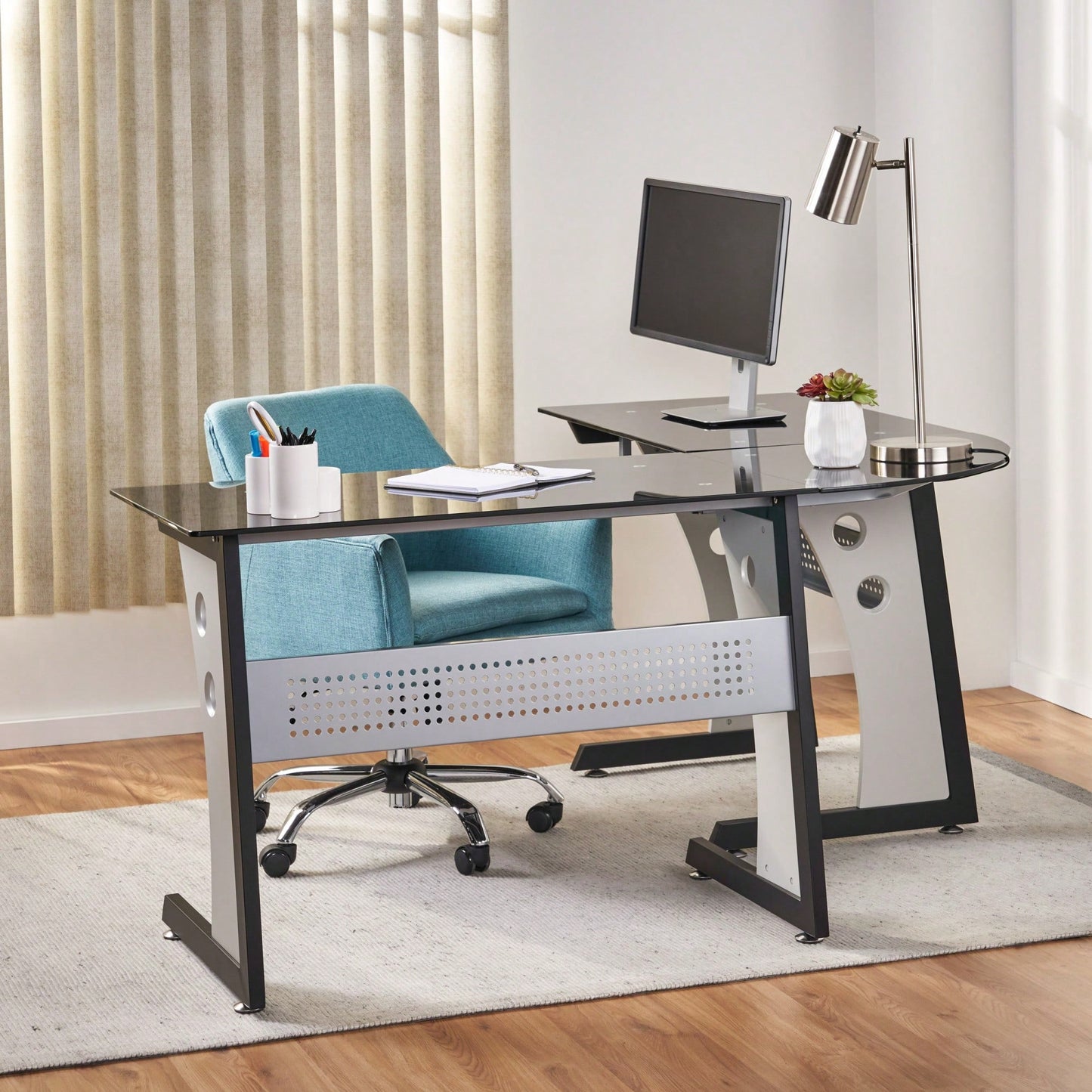 Modern L-Shaped Glass Office Desk For Stylish Workspace Organization