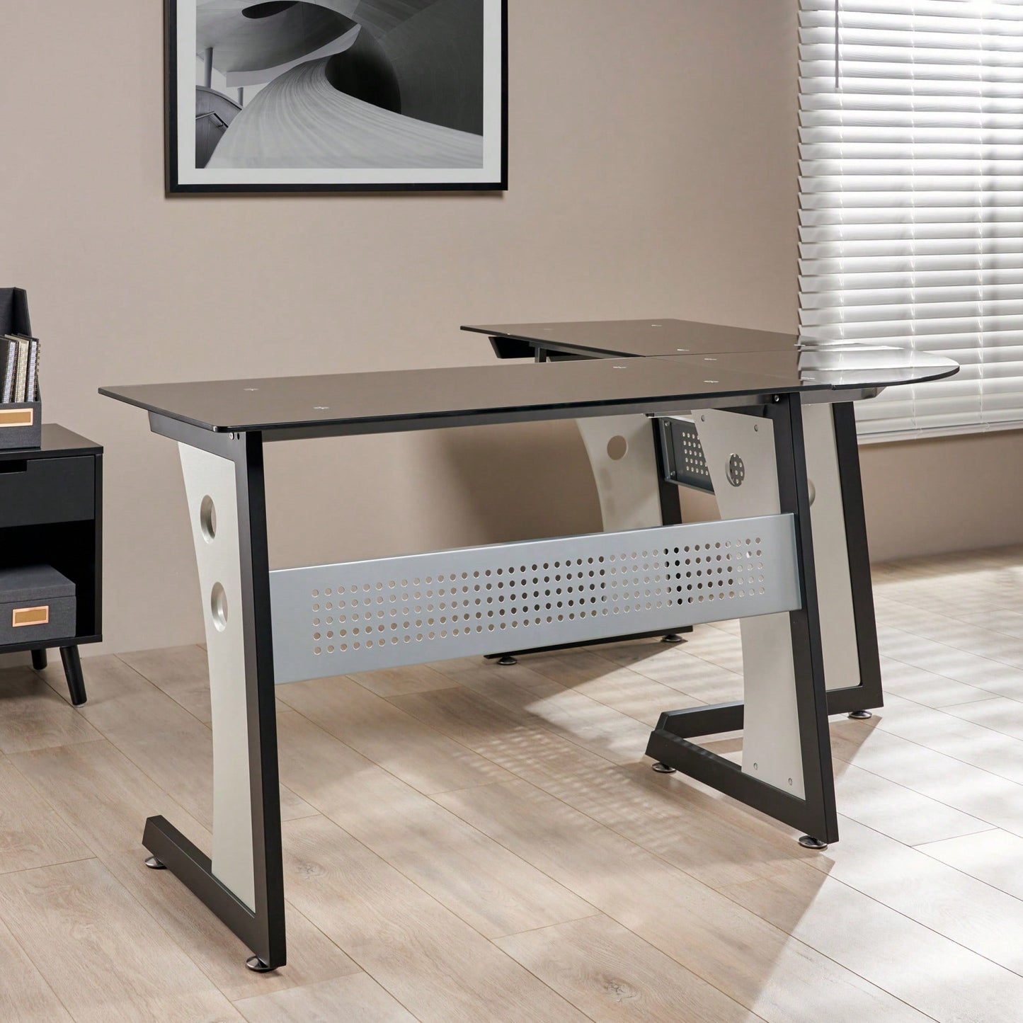Modern L-Shaped Glass Office Desk For Stylish Workspace Organization