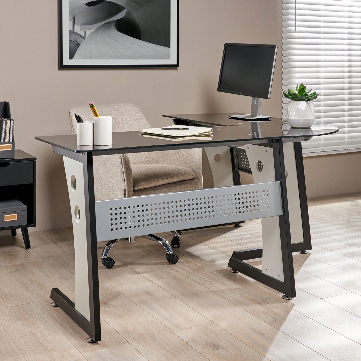 Modern L-Shaped Glass Office Desk For Stylish Workspace Organization