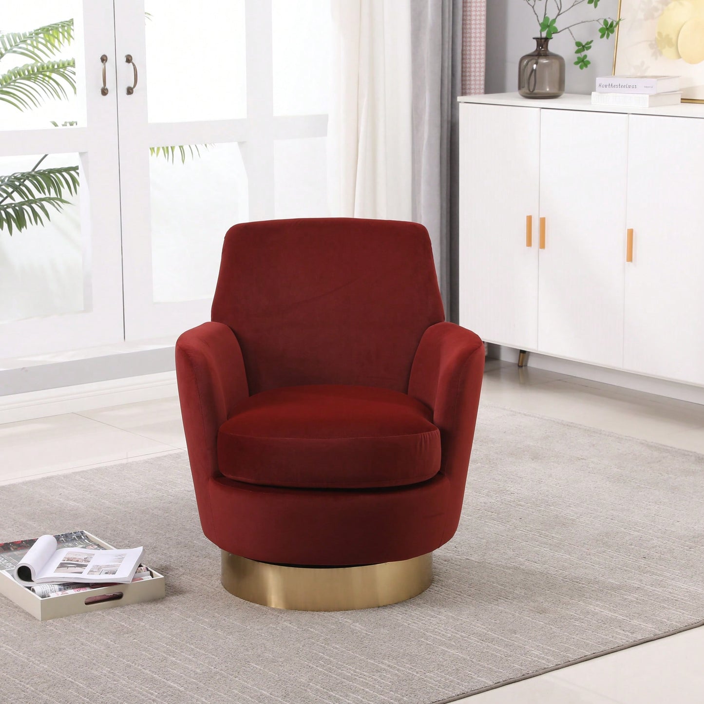 Comfy Swivel Barrel Chair With Gold Stainless Steel Base For Living Room And Bedroom Reading Chair In Brownish Red