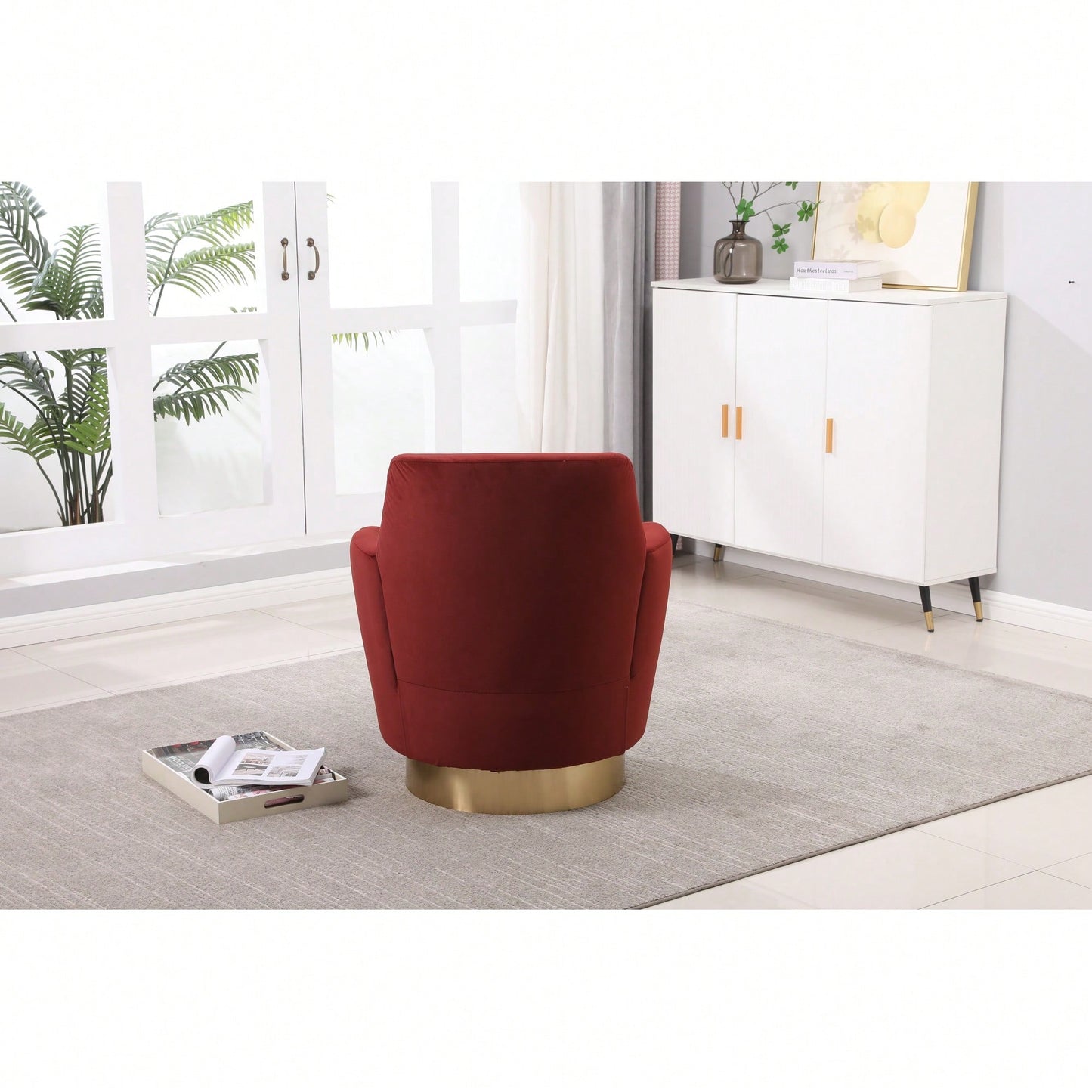 Comfy Swivel Barrel Chair With Gold Stainless Steel Base For Living Room And Bedroom Reading Chair In Brownish Red