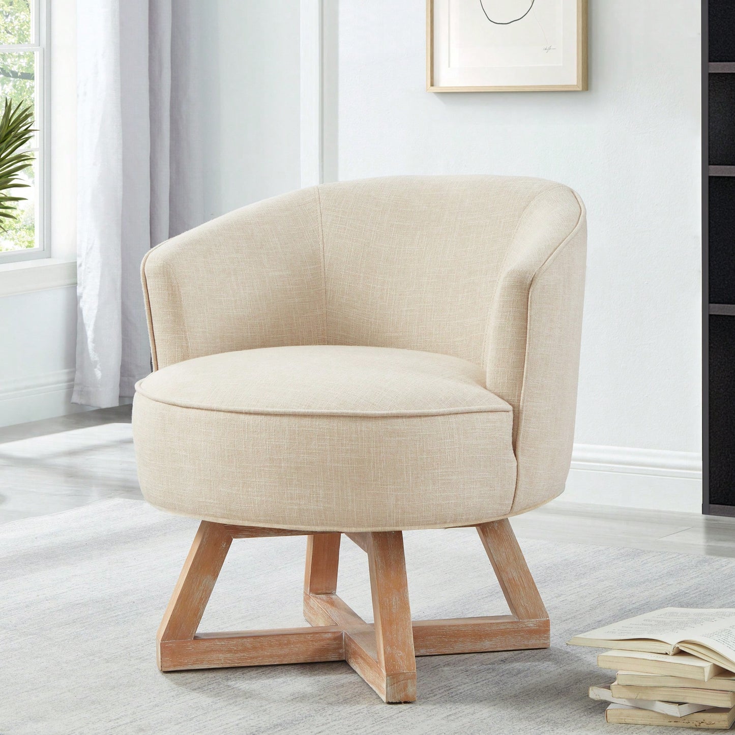 360° Swivel Lounge Chair With Cross-Shaped Wooden Base And Solid Wood Legs For Living Room Bedroom Office Beige