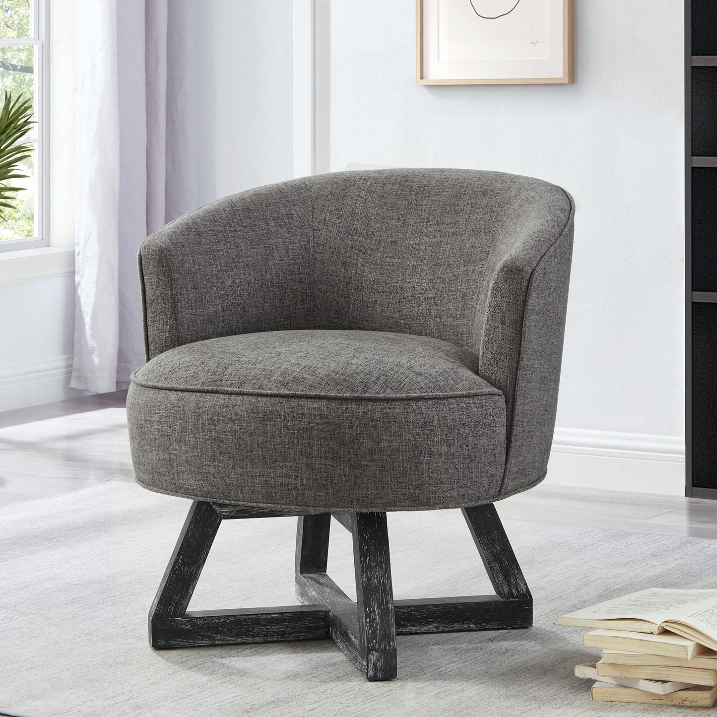 360° Swivel Lounge Chair With Cross-Shaped Wooden Base And Solid Wood Legs For Living Room Bedroom Office Beige