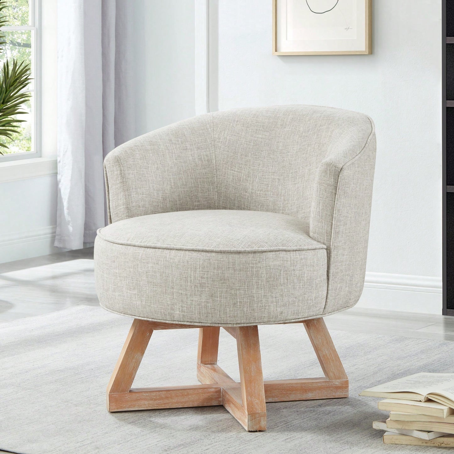 360° Swivel Lounge Chair With Cross-Shaped Wooden Base And Solid Wood Legs For Living Room Bedroom Office Beige