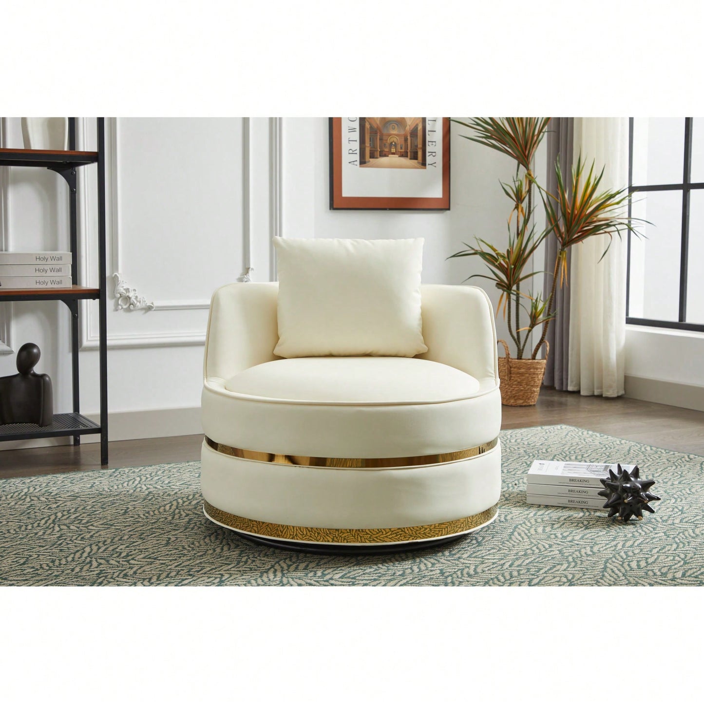 360 Degree Swivel Accent Chair Faux Leather Barrel Design Padded Club Chair For Living Room Bedroom Study Waiting Room