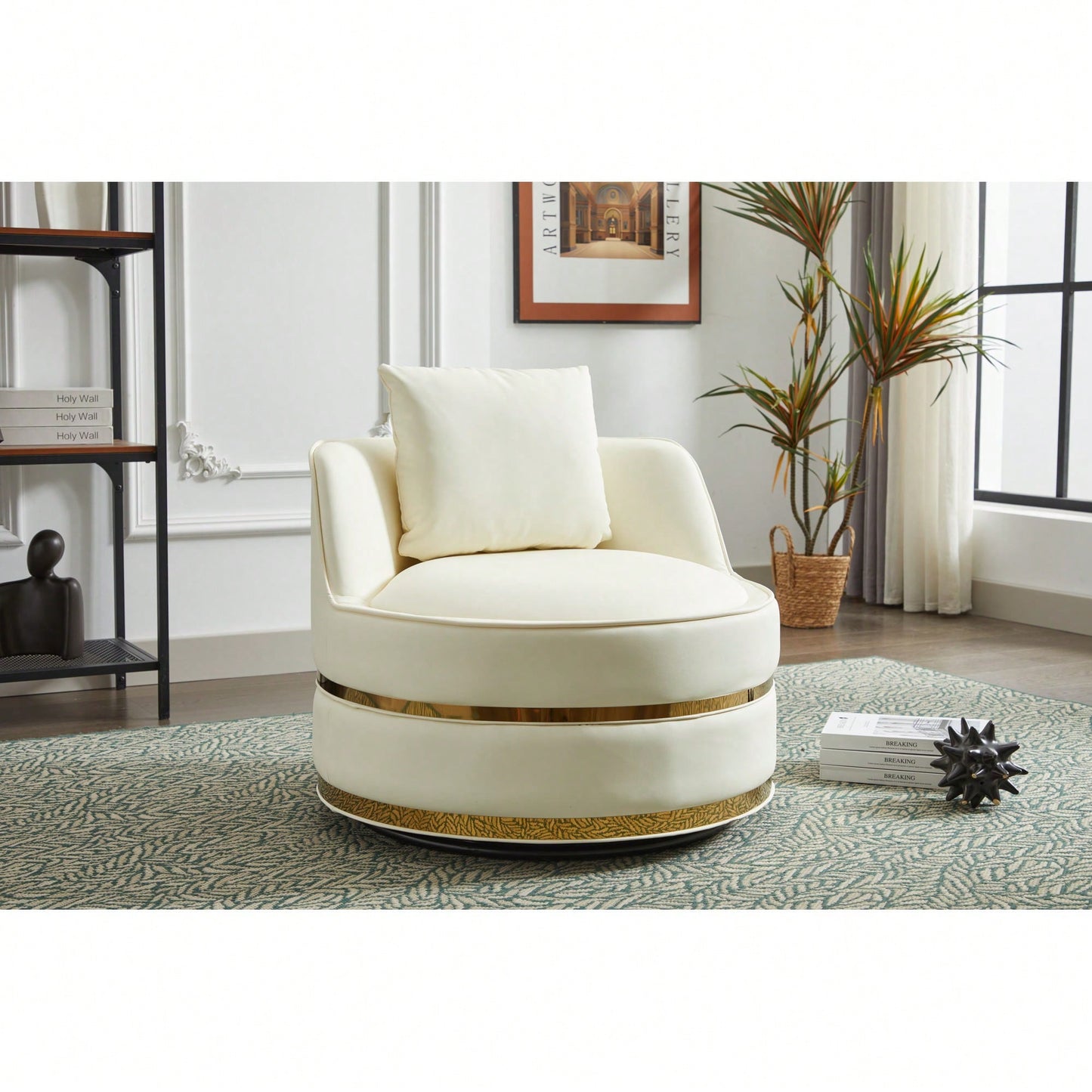 360 Degree Swivel Accent Chair Faux Leather Barrel Design Padded Club Chair For Living Room Bedroom Study Waiting Room