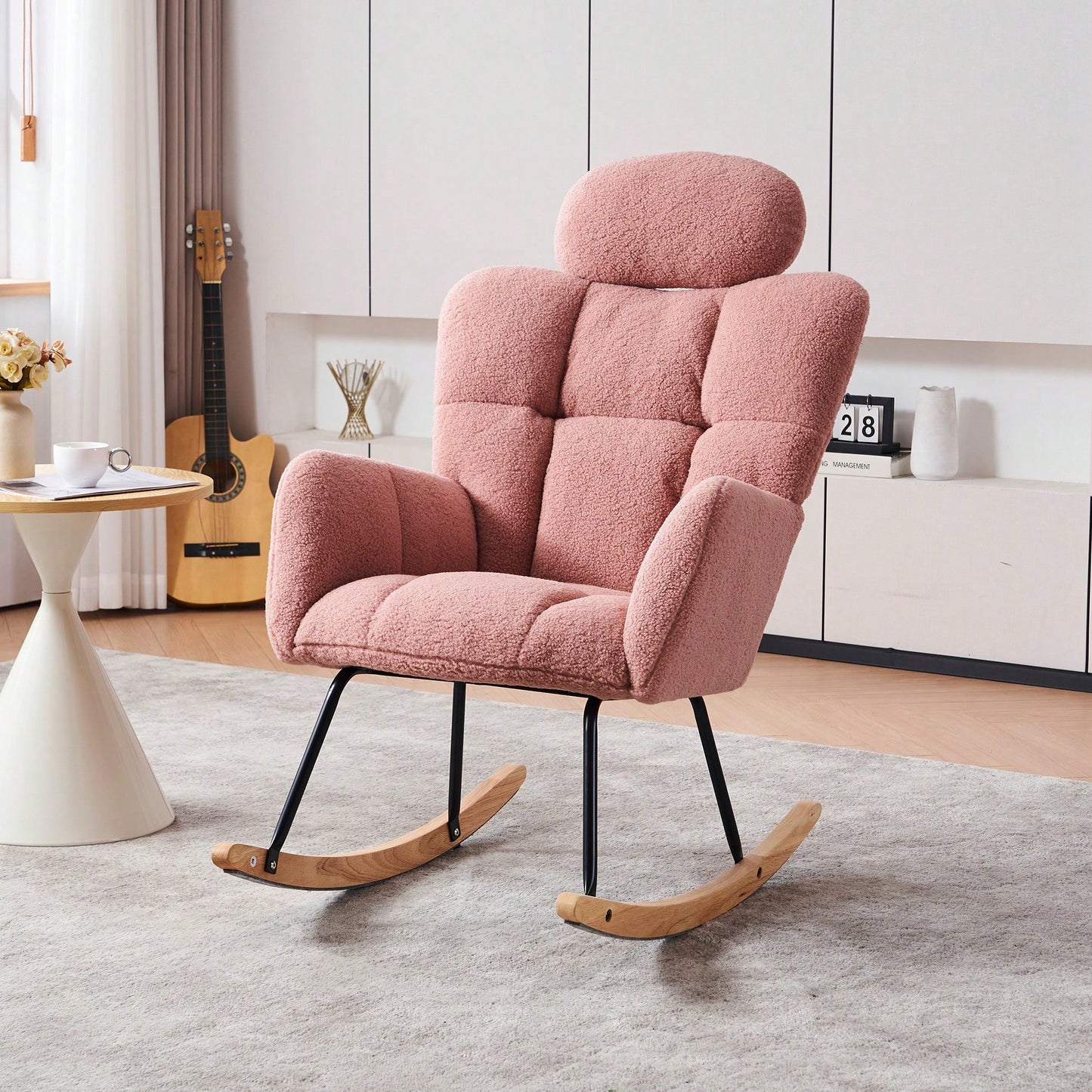 Ivory Teddy Fabric Upholstered Rocking Glider Chair Mid Century Modern Accent Armchair with Padded Seat High Backrest and Pillows