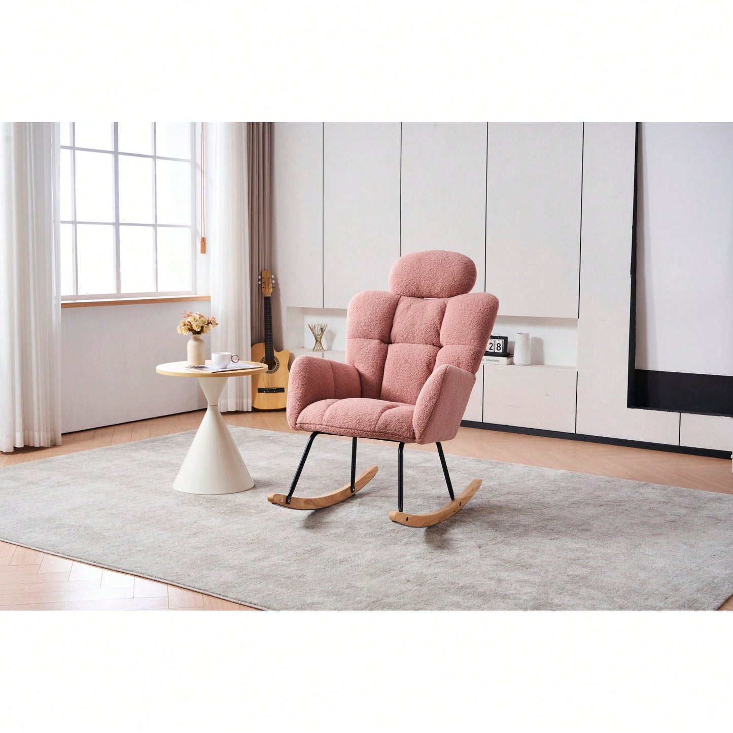 Ivory Teddy Fabric Upholstered Rocking Glider Chair Mid Century Modern Accent Armchair with Padded Seat High Backrest and Pillows