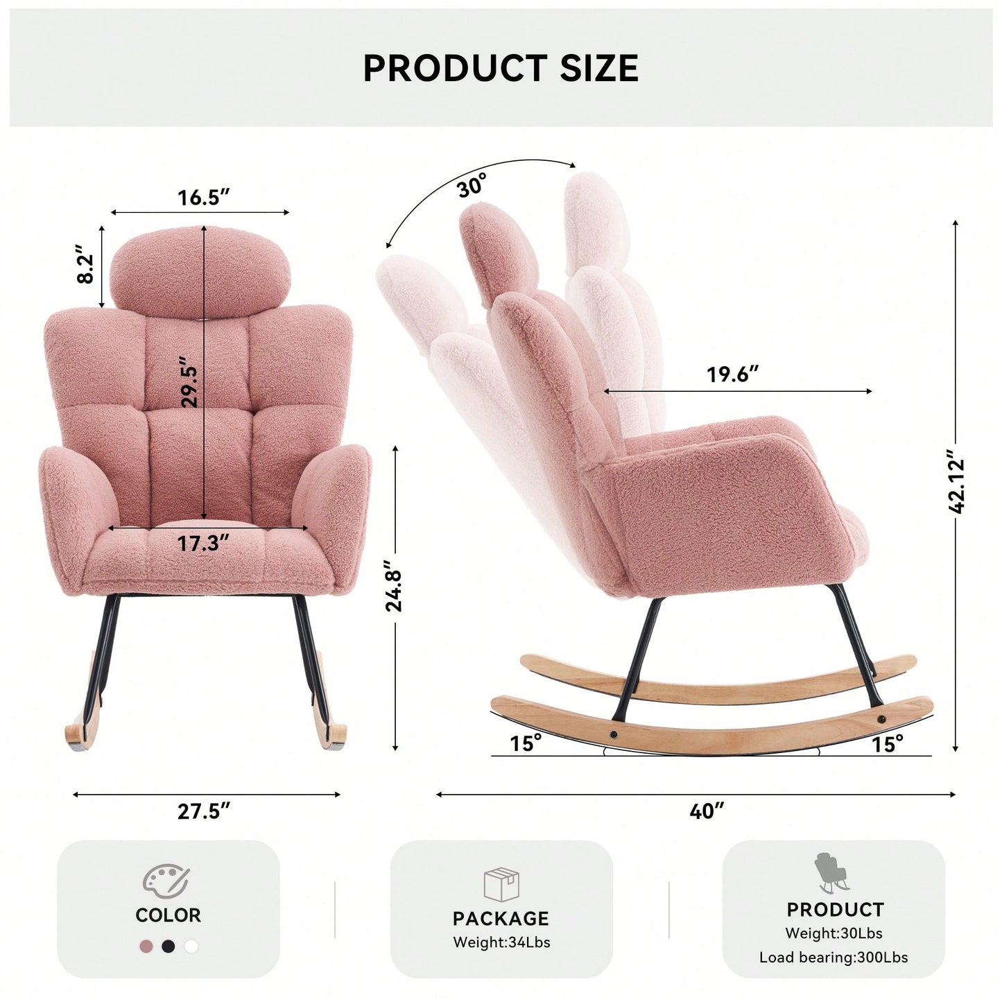 Ivory Teddy Fabric Upholstered Rocking Glider Chair Mid Century Modern Accent Armchair with Padded Seat High Backrest and Pillows