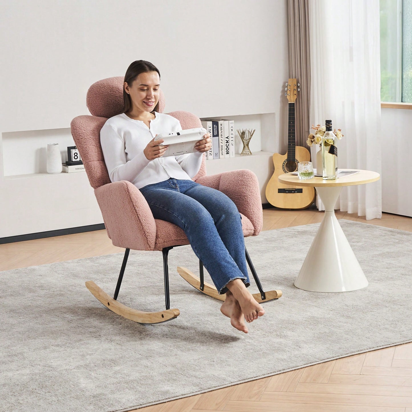 Ivory Teddy Fabric Upholstered Rocking Glider Chair Mid Century Modern Accent Armchair with Padded Seat High Backrest and Pillows