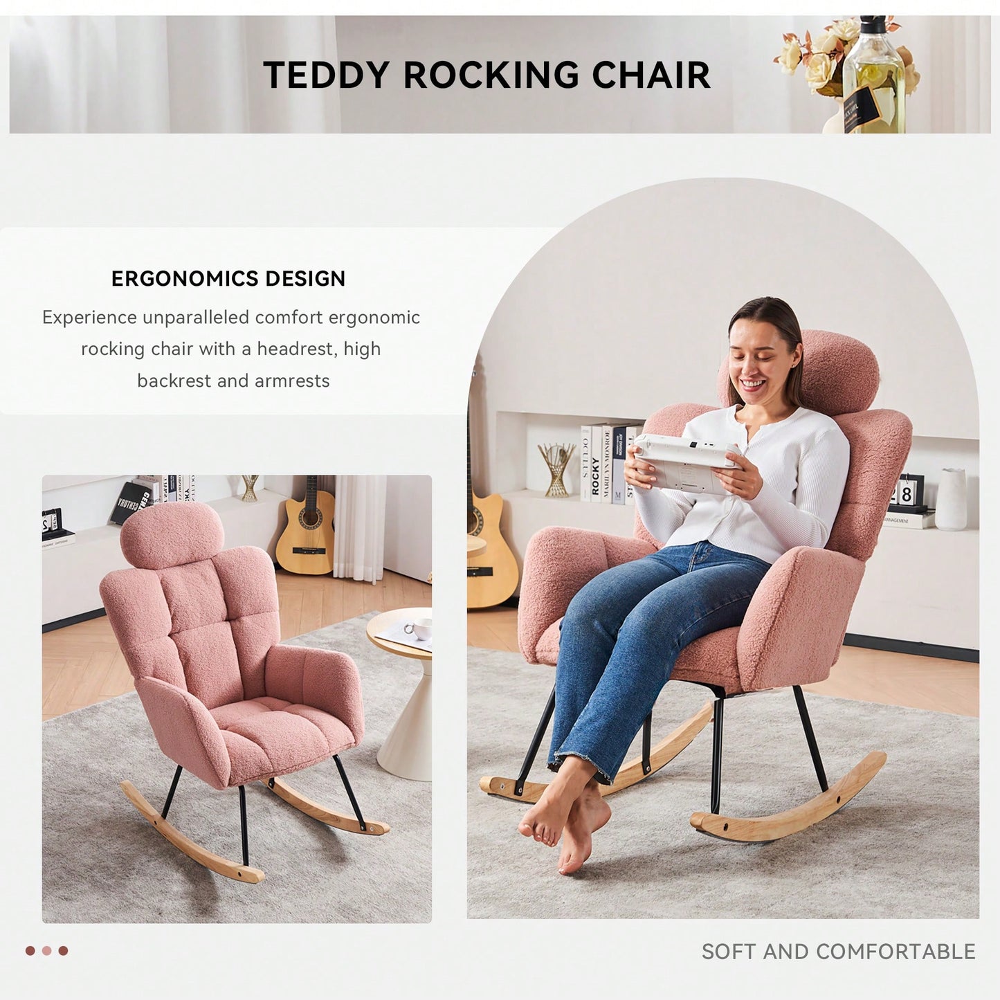 Ivory Teddy Fabric Upholstered Rocking Glider Chair Mid Century Modern Accent Armchair with Padded Seat High Backrest and Pillows