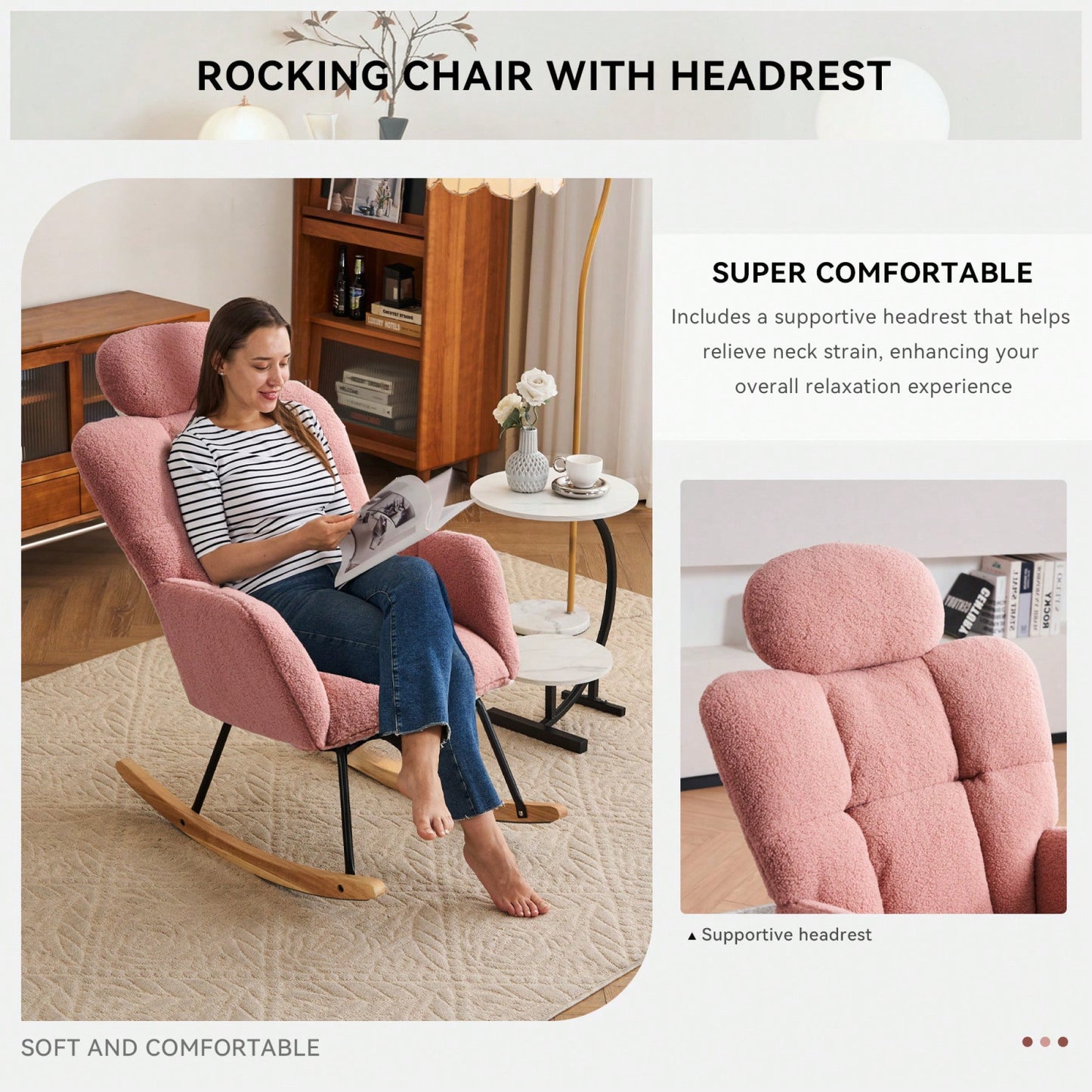 Ivory Teddy Fabric Upholstered Rocking Glider Chair Mid Century Modern Accent Armchair with Padded Seat High Backrest and Pillows