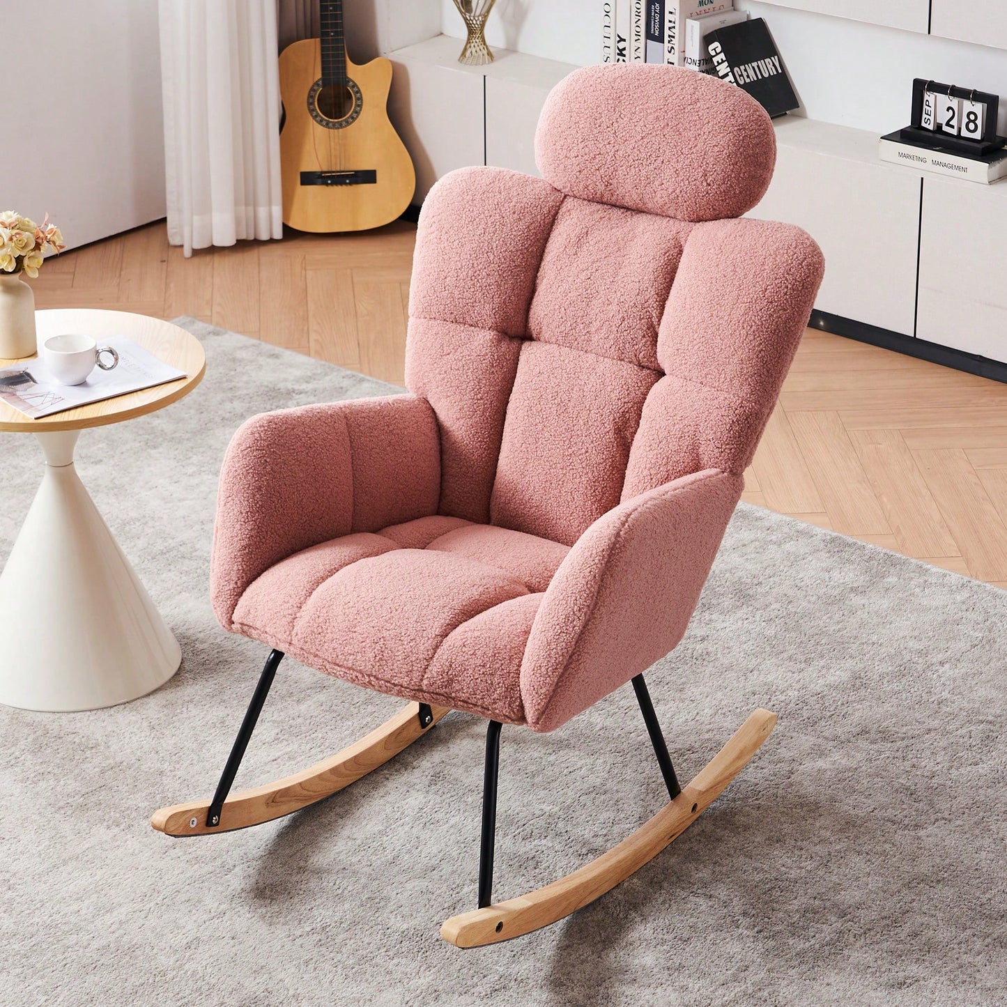 Ivory Teddy Fabric Upholstered Rocking Glider Chair Mid Century Modern Accent Armchair with Padded Seat High Backrest and Pillows