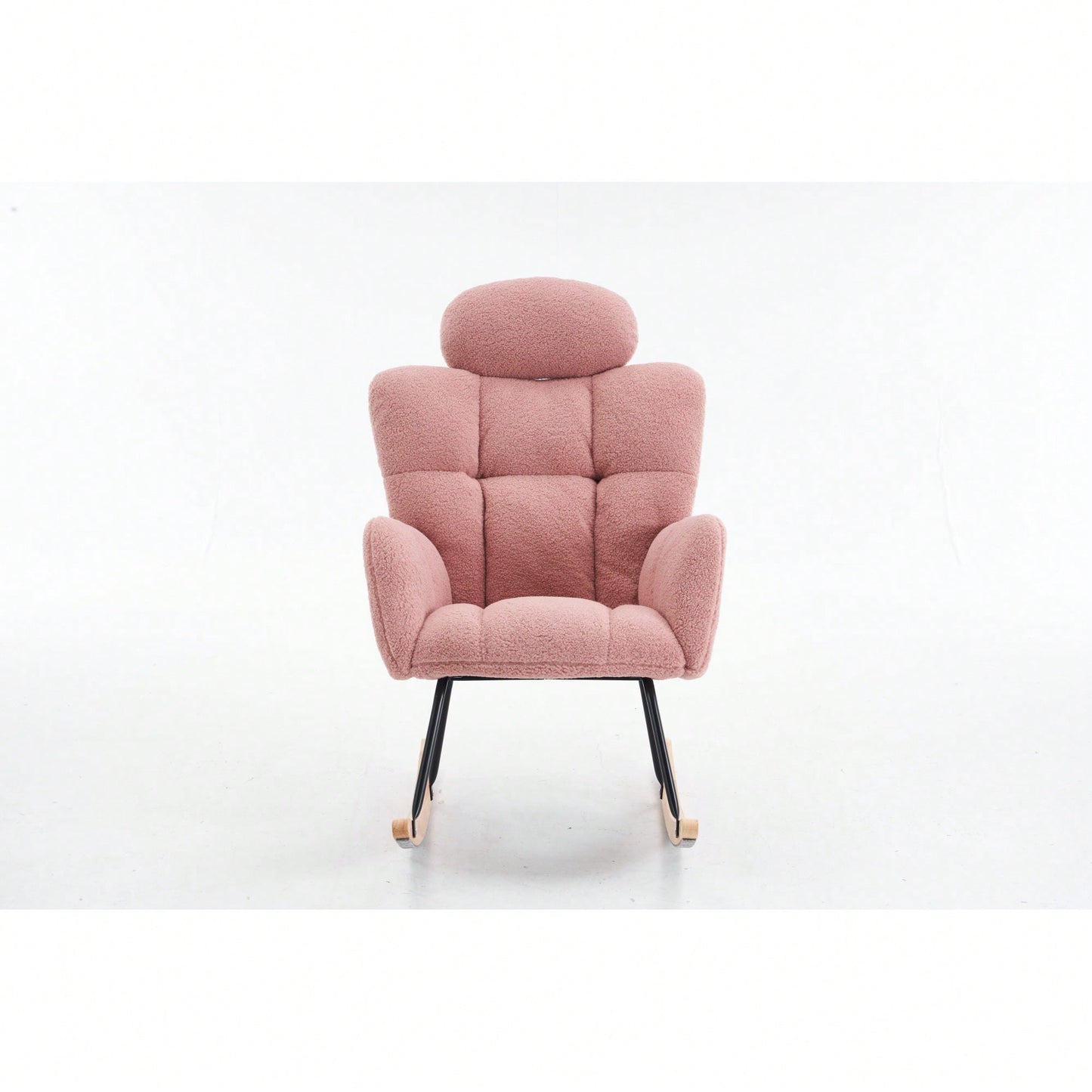 Ivory Teddy Fabric Upholstered Rocking Glider Chair Mid Century Modern Accent Armchair with Padded Seat High Backrest and Pillows