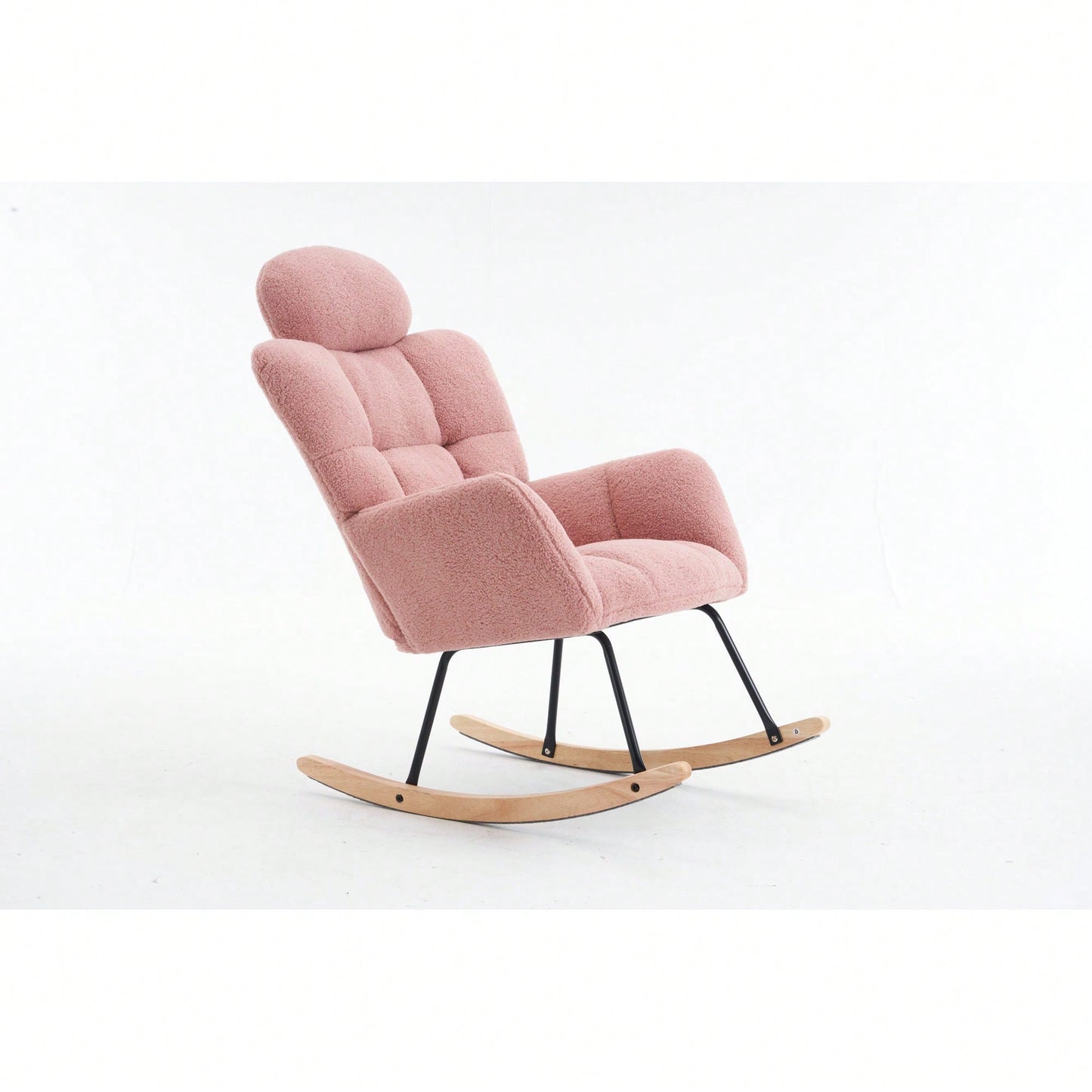 Ivory Teddy Fabric Upholstered Rocking Glider Chair Mid Century Modern Accent Armchair with Padded Seat High Backrest and Pillows
