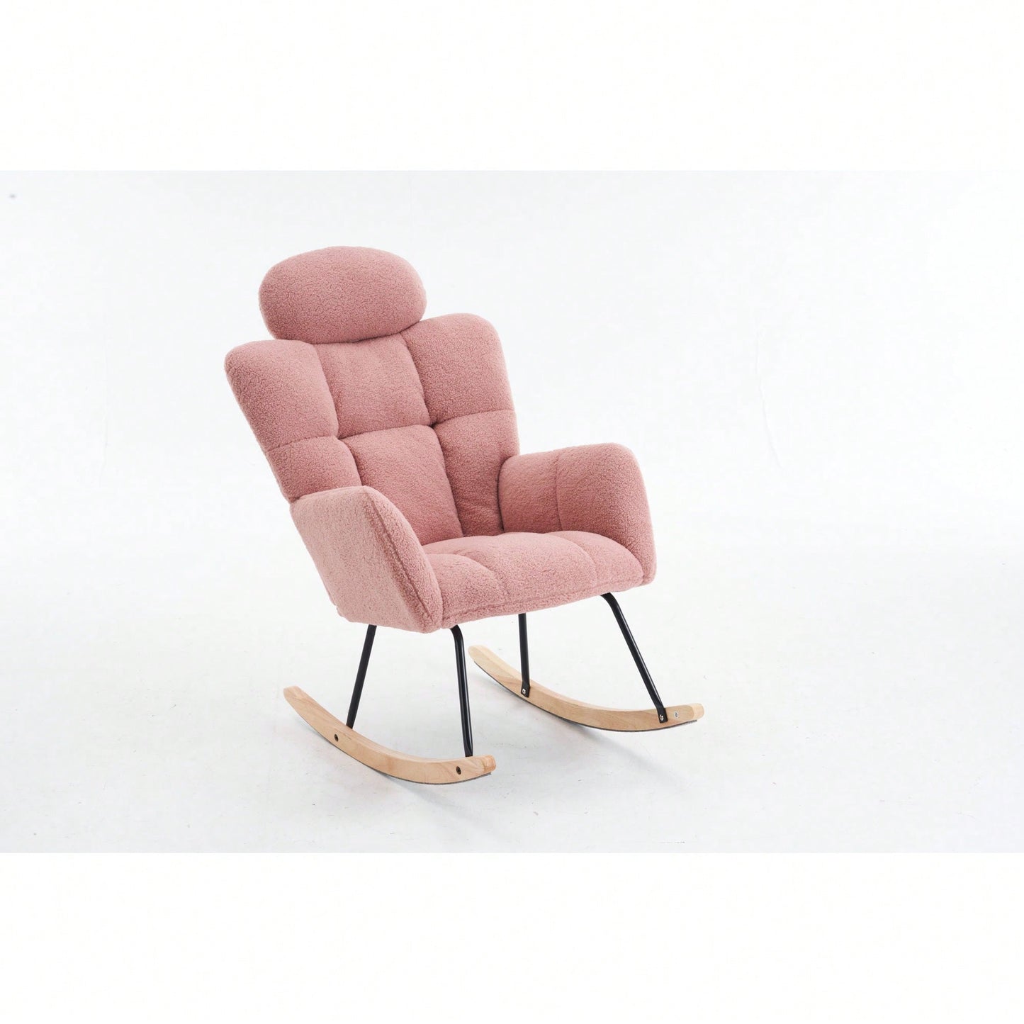 Ivory Teddy Fabric Upholstered Rocking Glider Chair Mid Century Modern Accent Armchair with Padded Seat High Backrest and Pillows