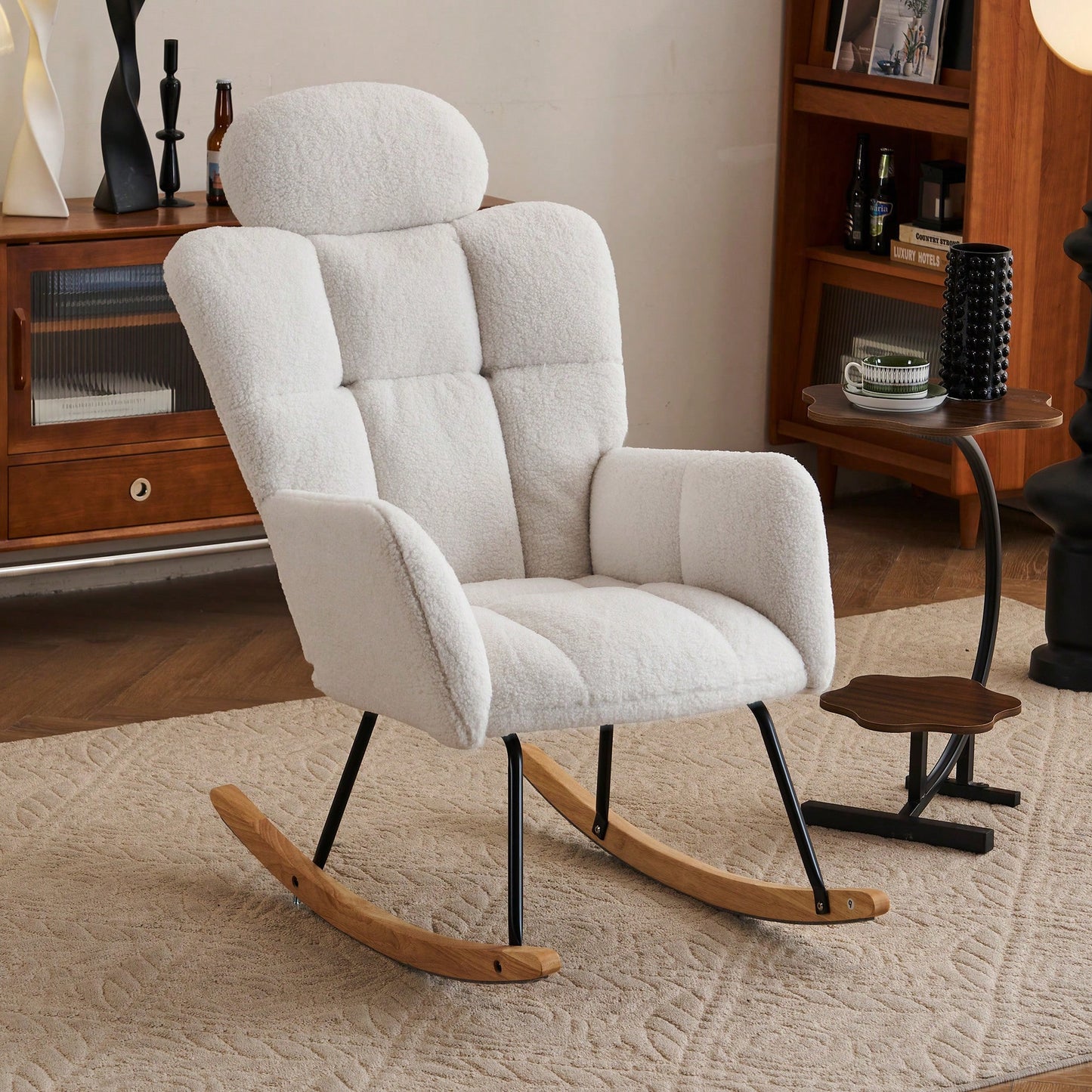 Ivory Teddy Fabric Upholstered Rocking Glider Chair Mid Century Modern Accent Armchair with Padded Seat High Backrest and Pillows