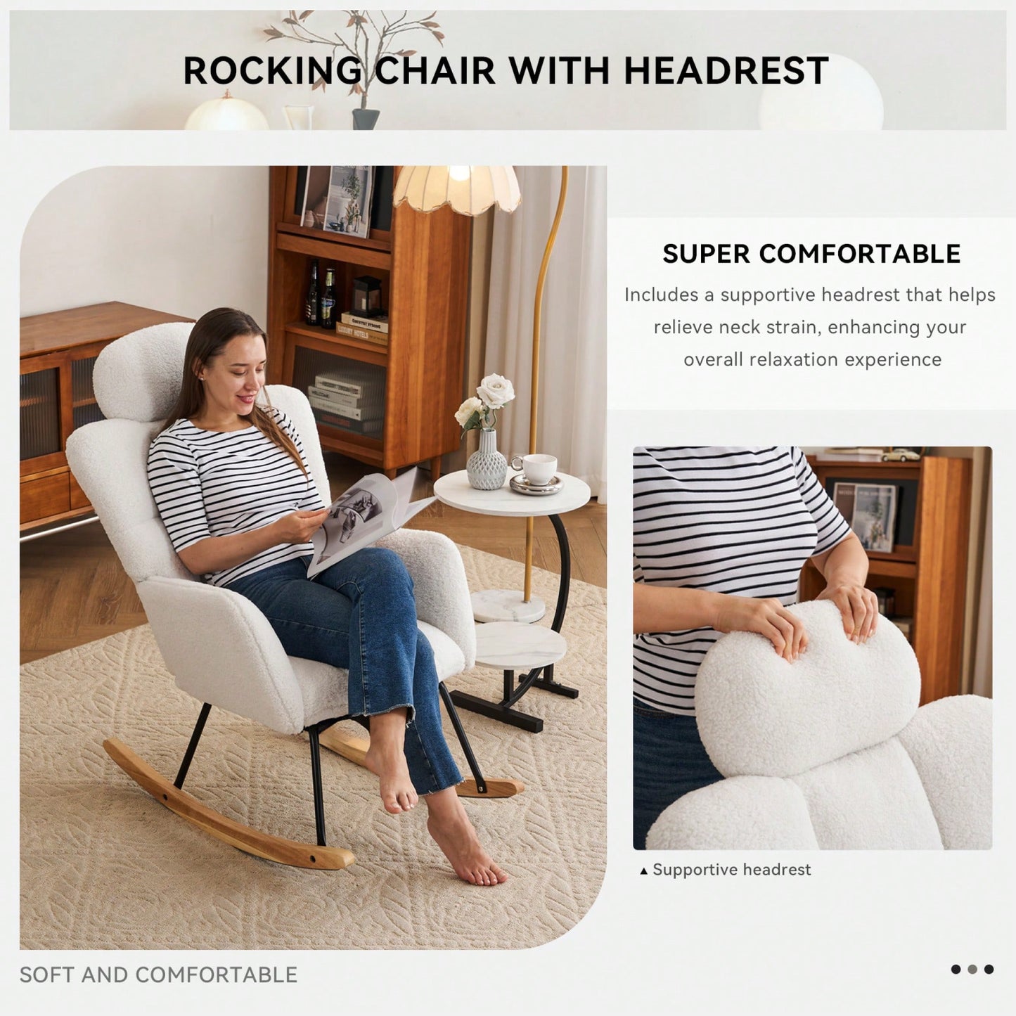 Ivory Teddy Fabric Upholstered Rocking Glider Chair Mid Century Modern Accent Armchair with Padded Seat High Backrest and Pillows
