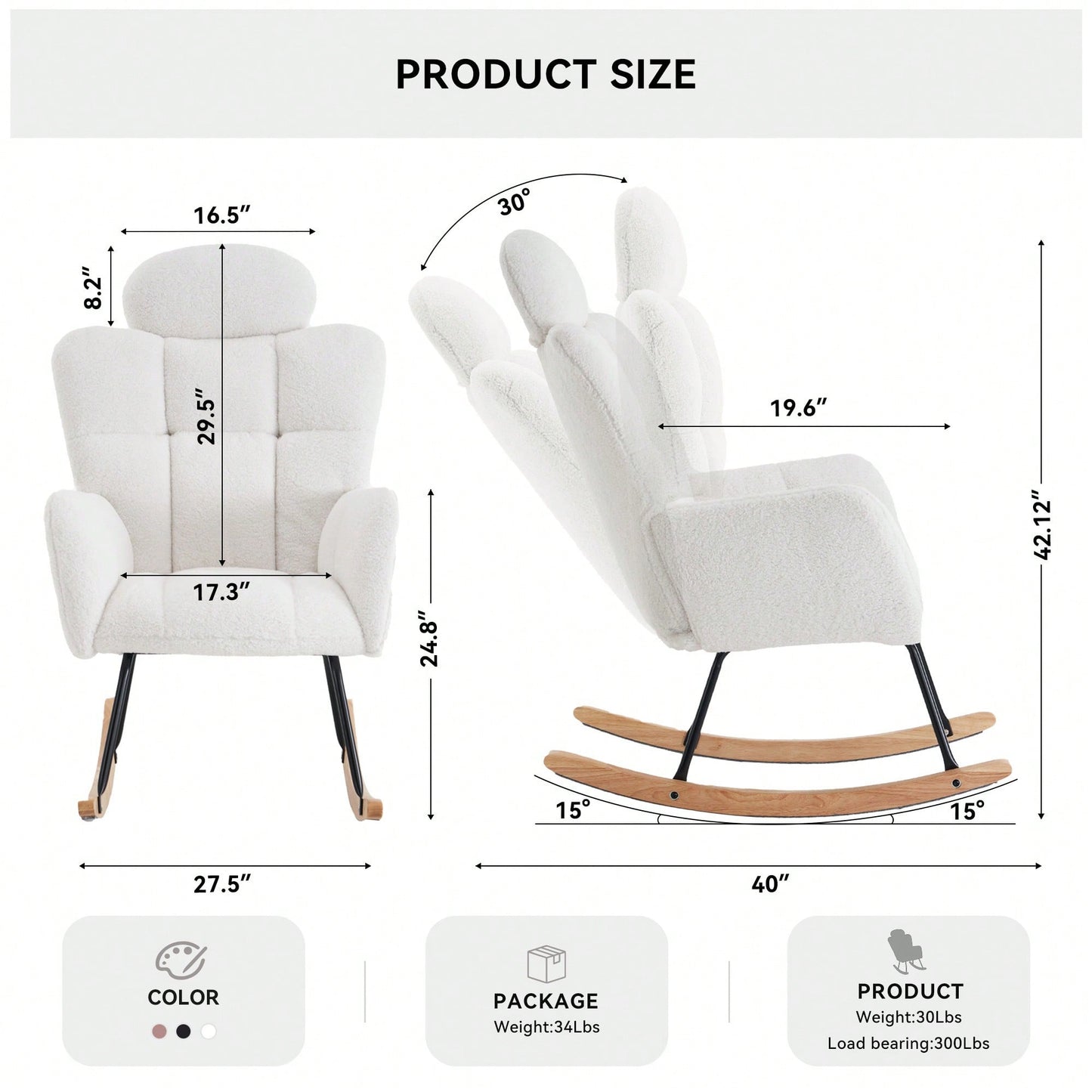 Ivory Teddy Fabric Upholstered Rocking Glider Chair Mid Century Modern Accent Armchair with Padded Seat High Backrest and Pillows