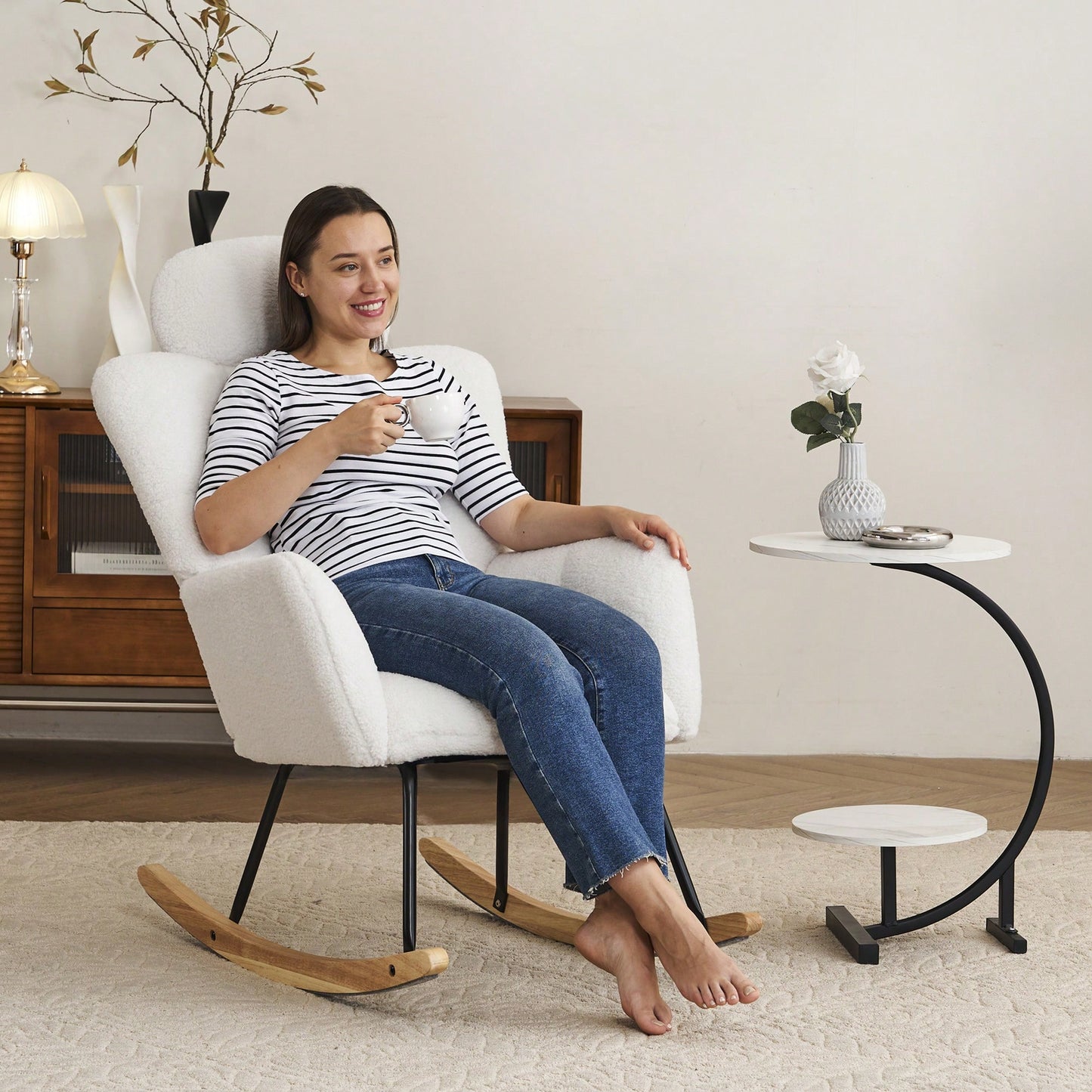 Ivory Teddy Fabric Upholstered Rocking Glider Chair Mid Century Modern Accent Armchair with Padded Seat High Backrest and Pillows