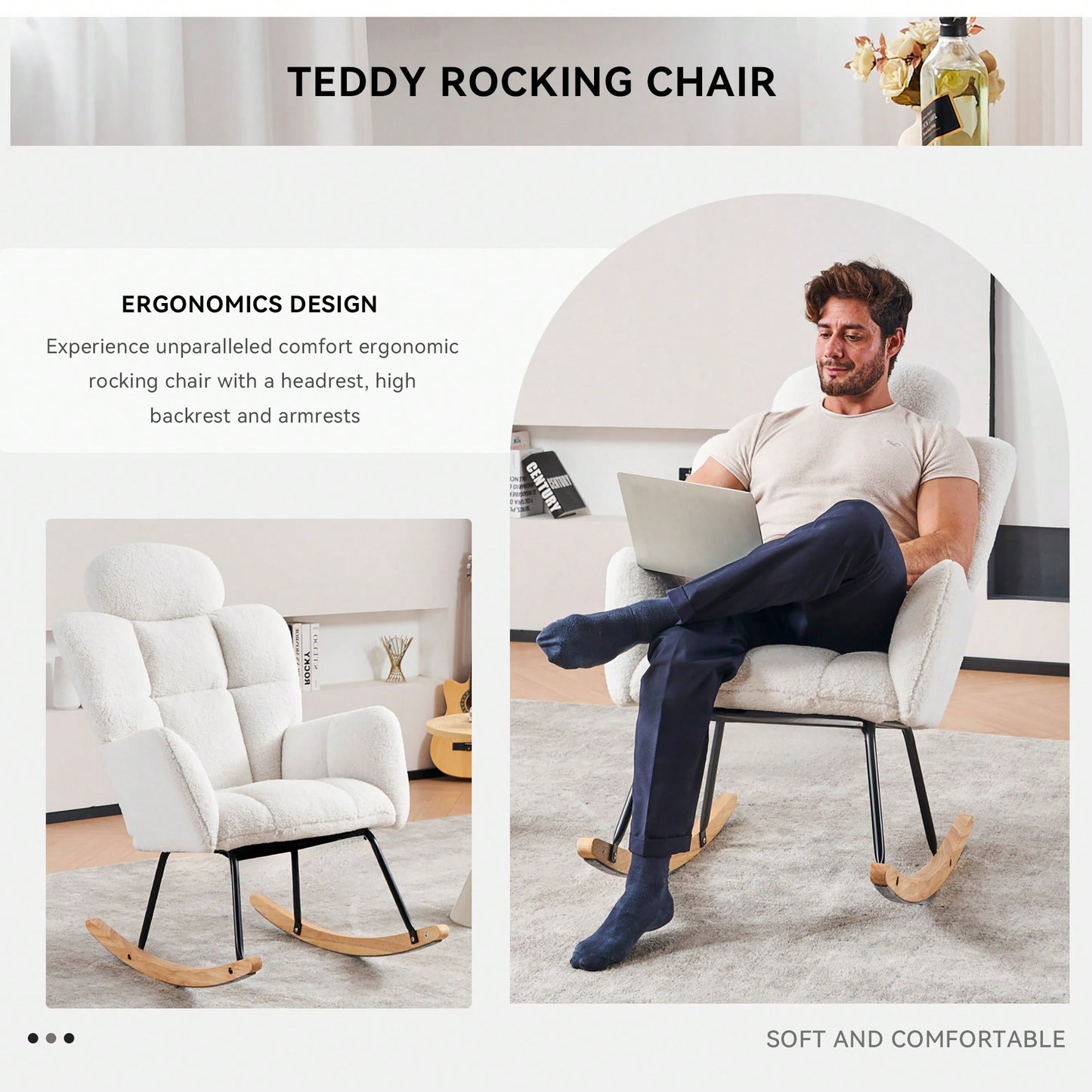 Ivory Teddy Fabric Upholstered Rocking Glider Chair Mid Century Modern Accent Armchair with Padded Seat High Backrest and Pillows
