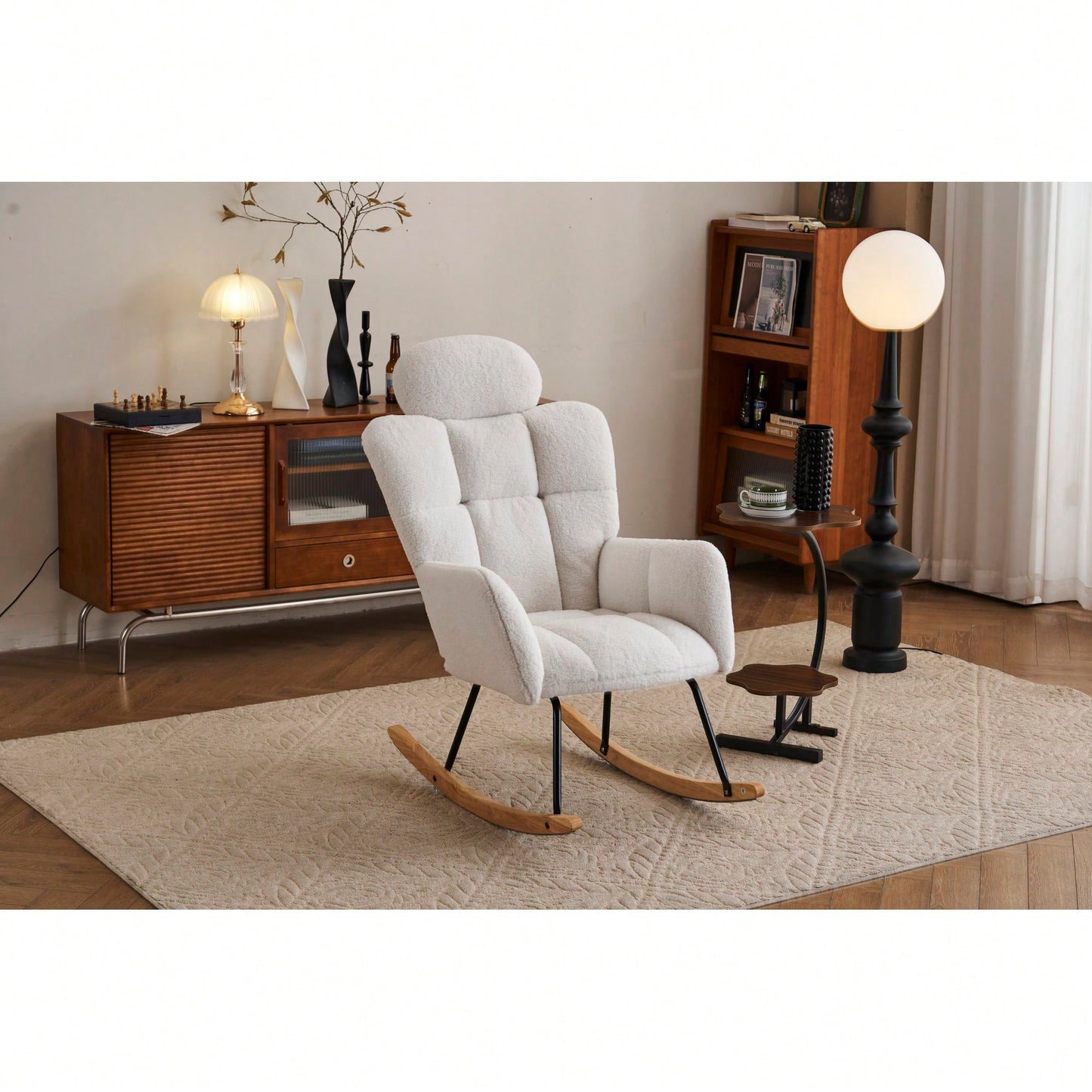 Ivory Teddy Fabric Upholstered Rocking Glider Chair Mid Century Modern Accent Armchair with Padded Seat High Backrest and Pillows