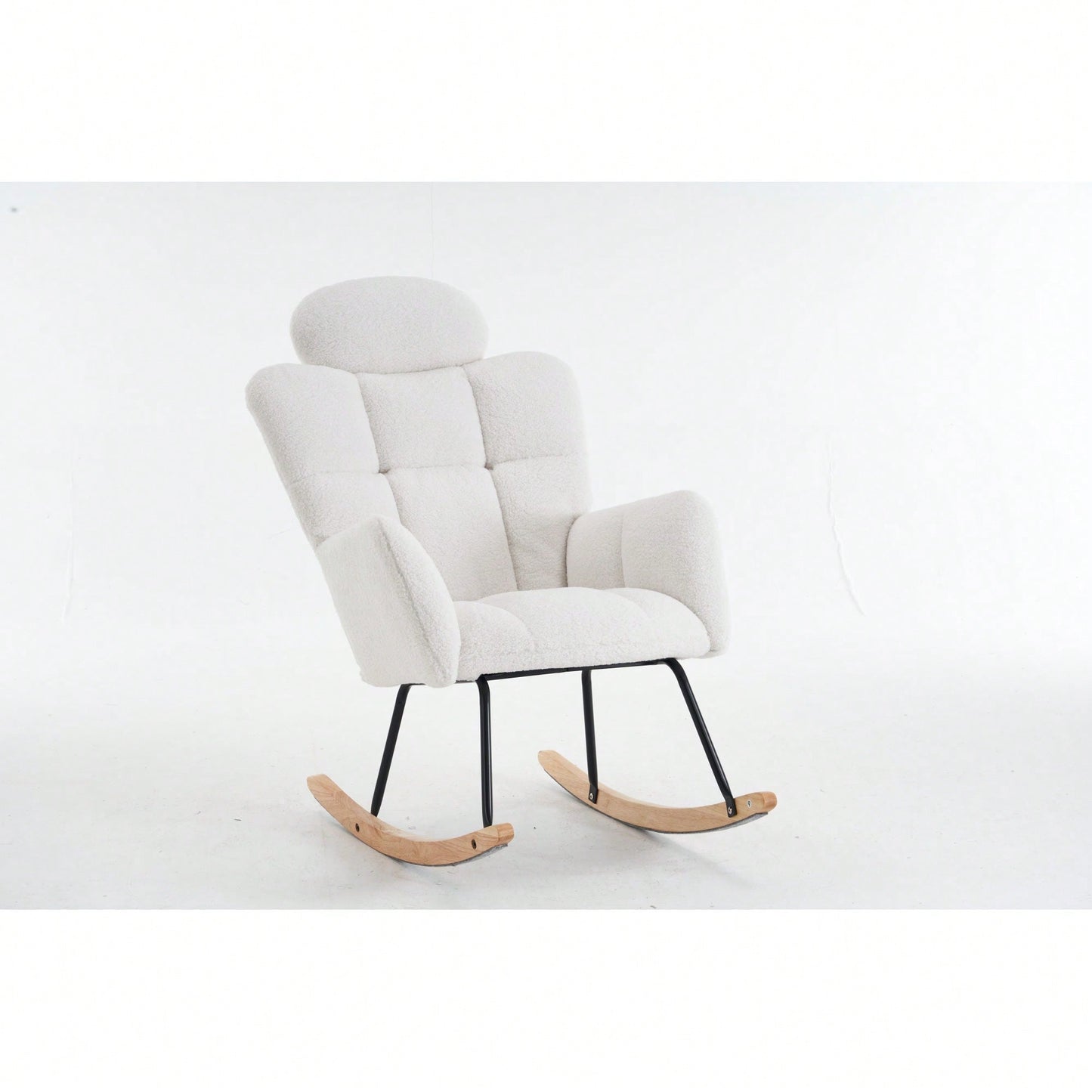 Ivory Teddy Fabric Upholstered Rocking Glider Chair Mid Century Modern Accent Armchair with Padded Seat High Backrest and Pillows