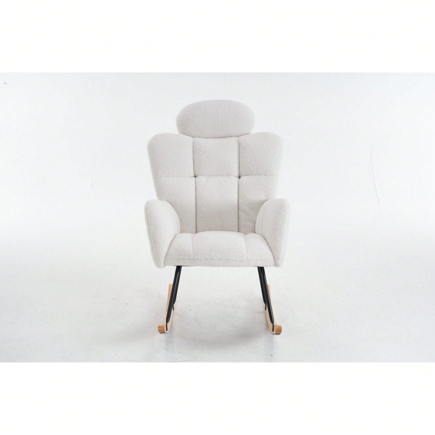 Ivory Teddy Fabric Upholstered Rocking Glider Chair Mid Century Modern Accent Armchair with Padded Seat High Backrest and Pillows
