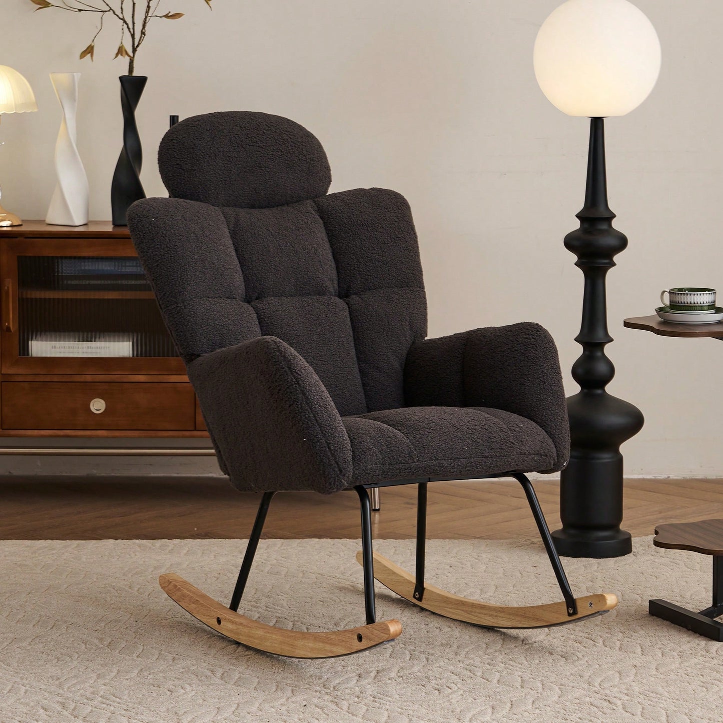 Ivory Teddy Fabric Upholstered Rocking Glider Chair Mid Century Modern Accent Armchair with Padded Seat High Backrest and Pillows
