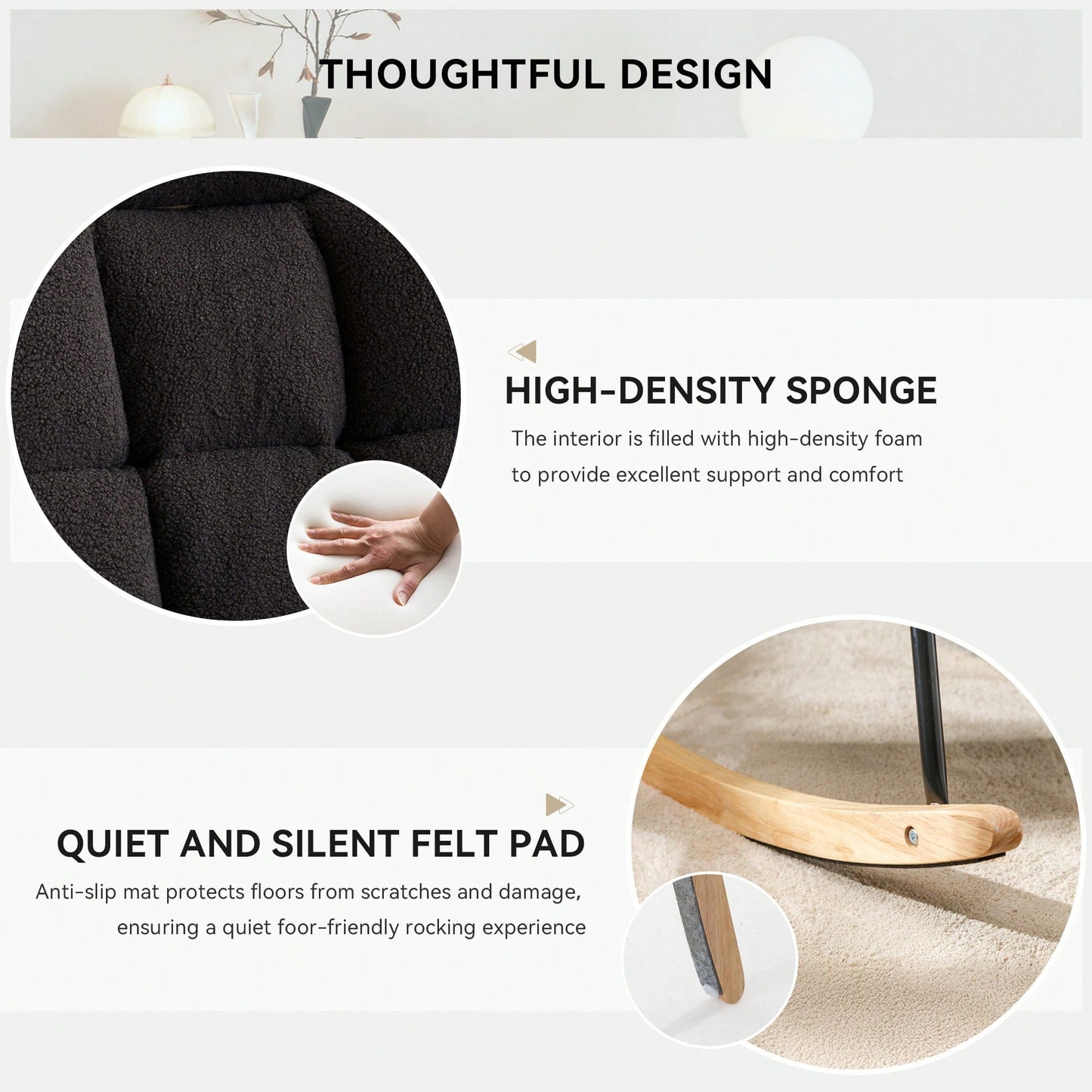 Ivory Teddy Fabric Upholstered Rocking Glider Chair Mid Century Modern Accent Armchair with Padded Seat High Backrest and Pillows
