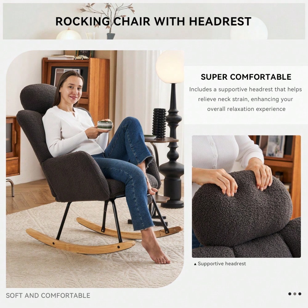 Ivory Teddy Fabric Upholstered Rocking Glider Chair Mid Century Modern Accent Armchair with Padded Seat High Backrest and Pillows