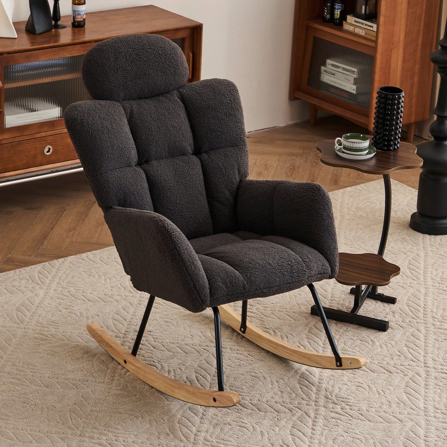 Ivory Teddy Fabric Upholstered Rocking Glider Chair Mid Century Modern Accent Armchair with Padded Seat High Backrest and Pillows