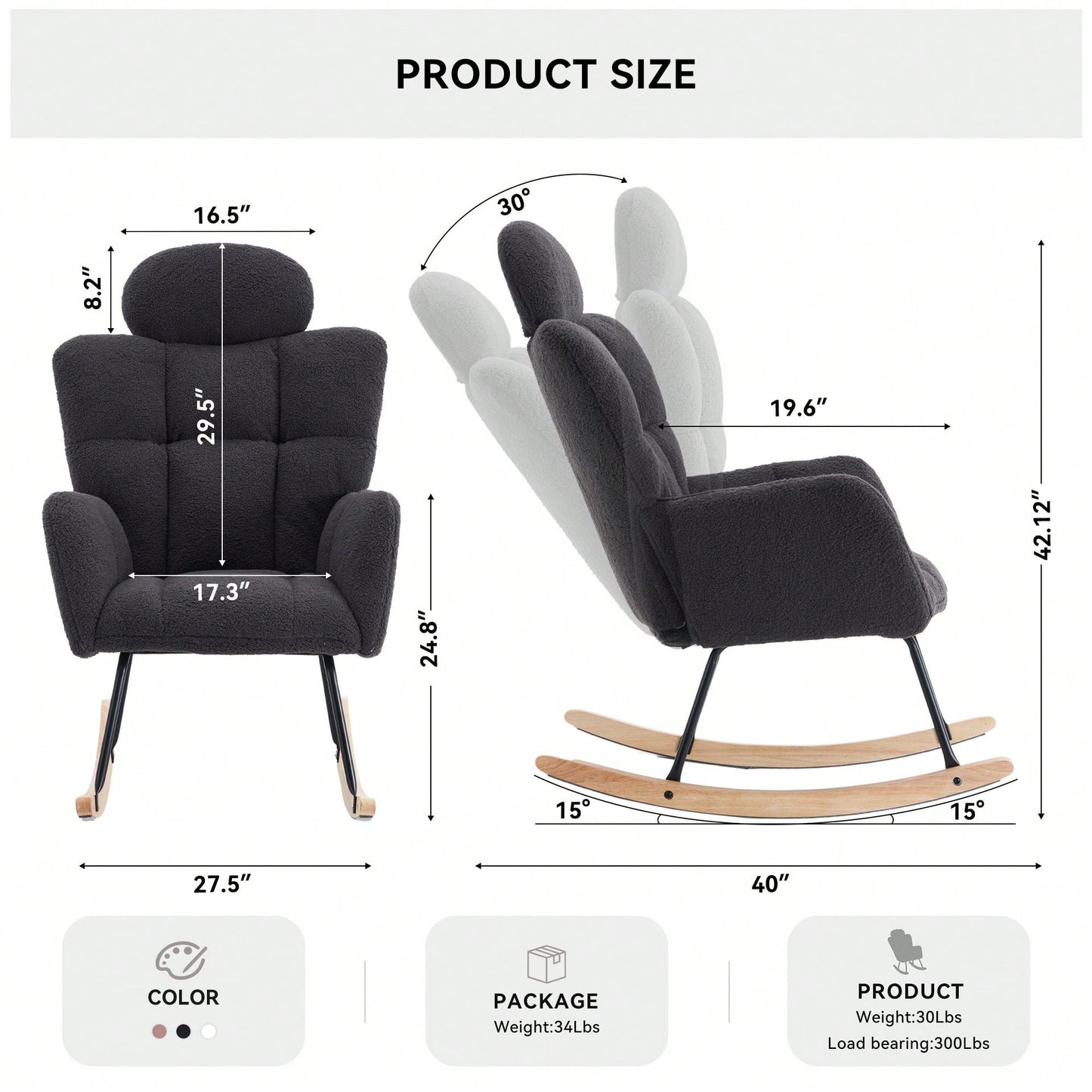 Ivory Teddy Fabric Upholstered Rocking Glider Chair Mid Century Modern Accent Armchair with Padded Seat High Backrest and Pillows