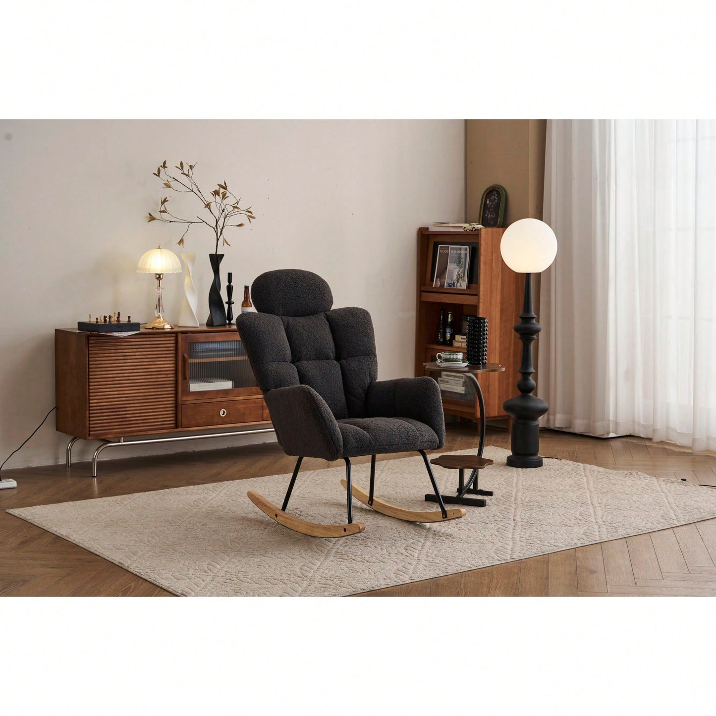 Ivory Teddy Fabric Upholstered Rocking Glider Chair Mid Century Modern Accent Armchair with Padded Seat High Backrest and Pillows