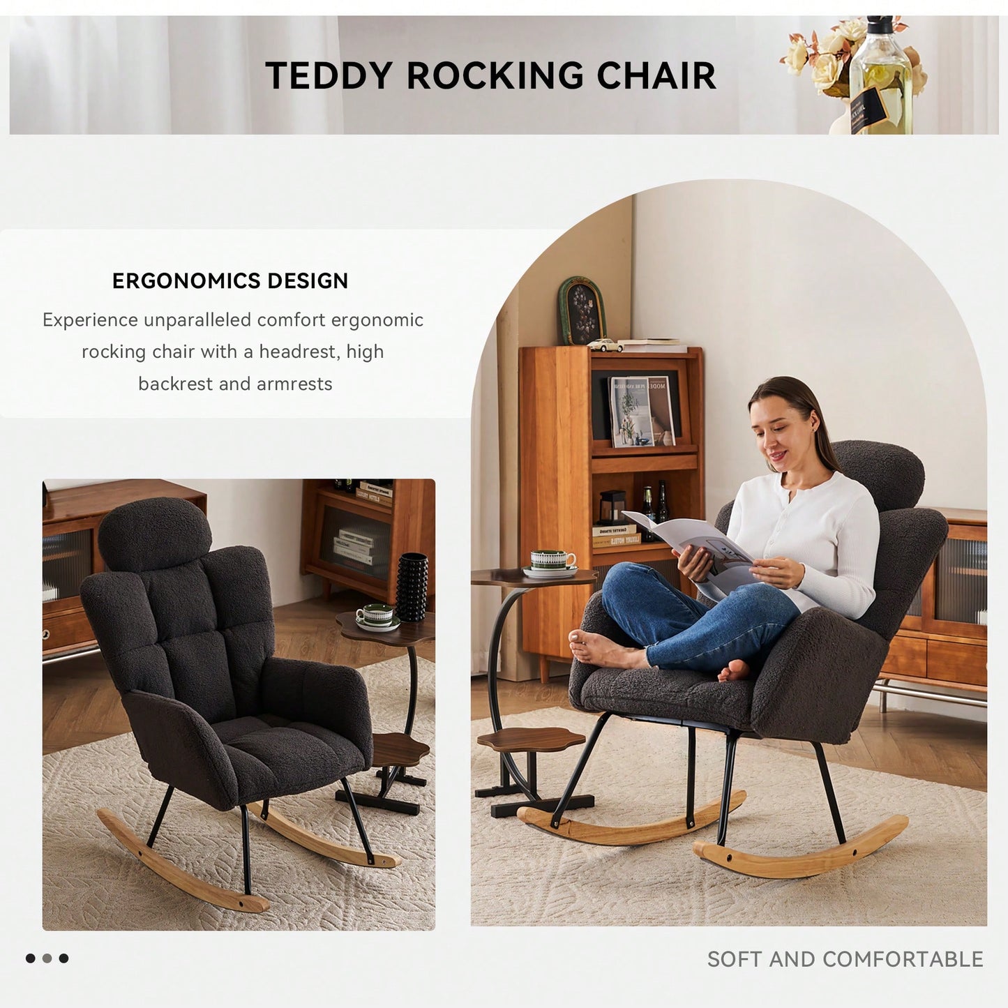 Ivory Teddy Fabric Upholstered Rocking Glider Chair Mid Century Modern Accent Armchair with Padded Seat High Backrest and Pillows