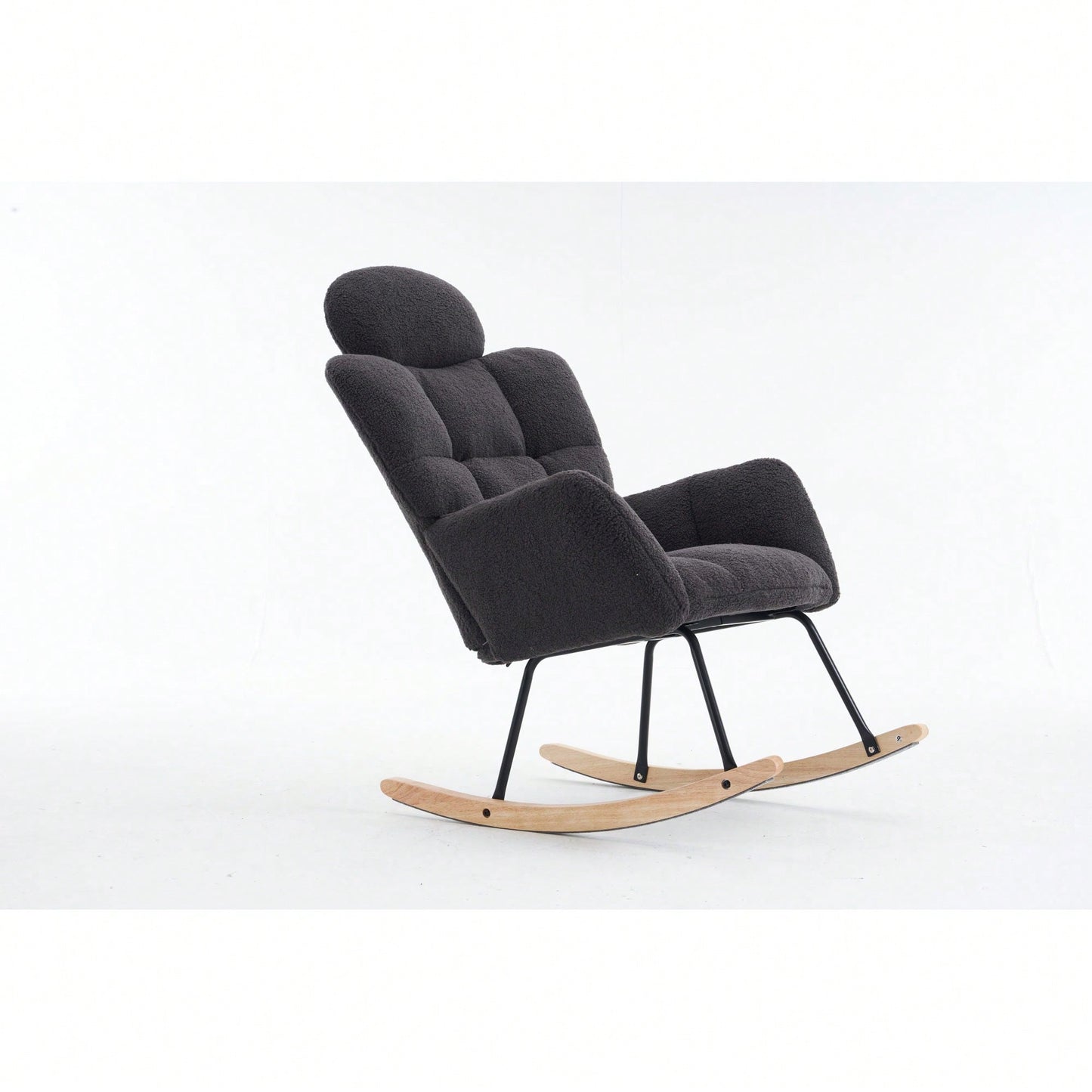 Ivory Teddy Fabric Upholstered Rocking Glider Chair Mid Century Modern Accent Armchair with Padded Seat High Backrest and Pillows