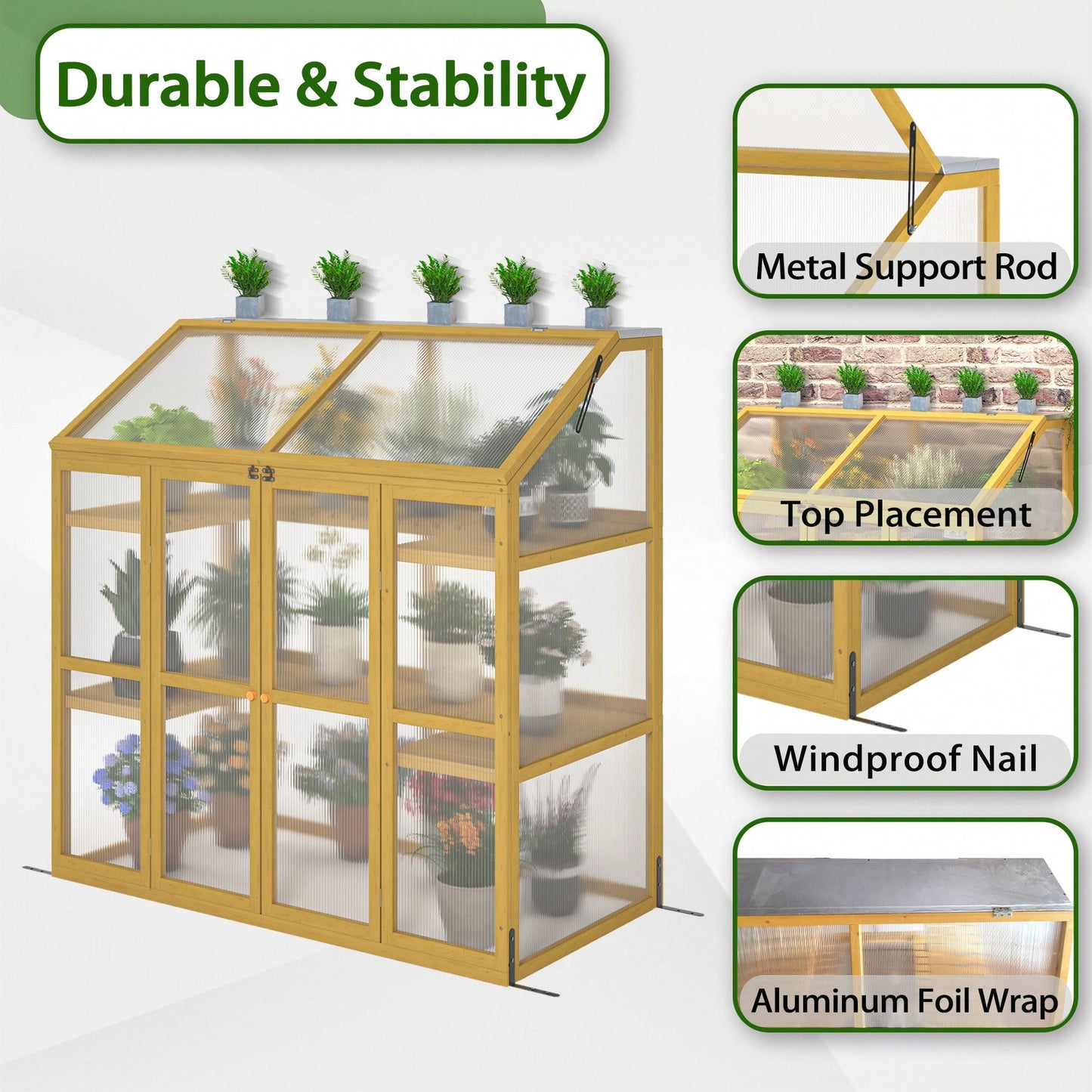 Wooden Polycarbonate Greenhouse For Plants - Insulated Cold Frame Garden Shed To Keep Plants Warm