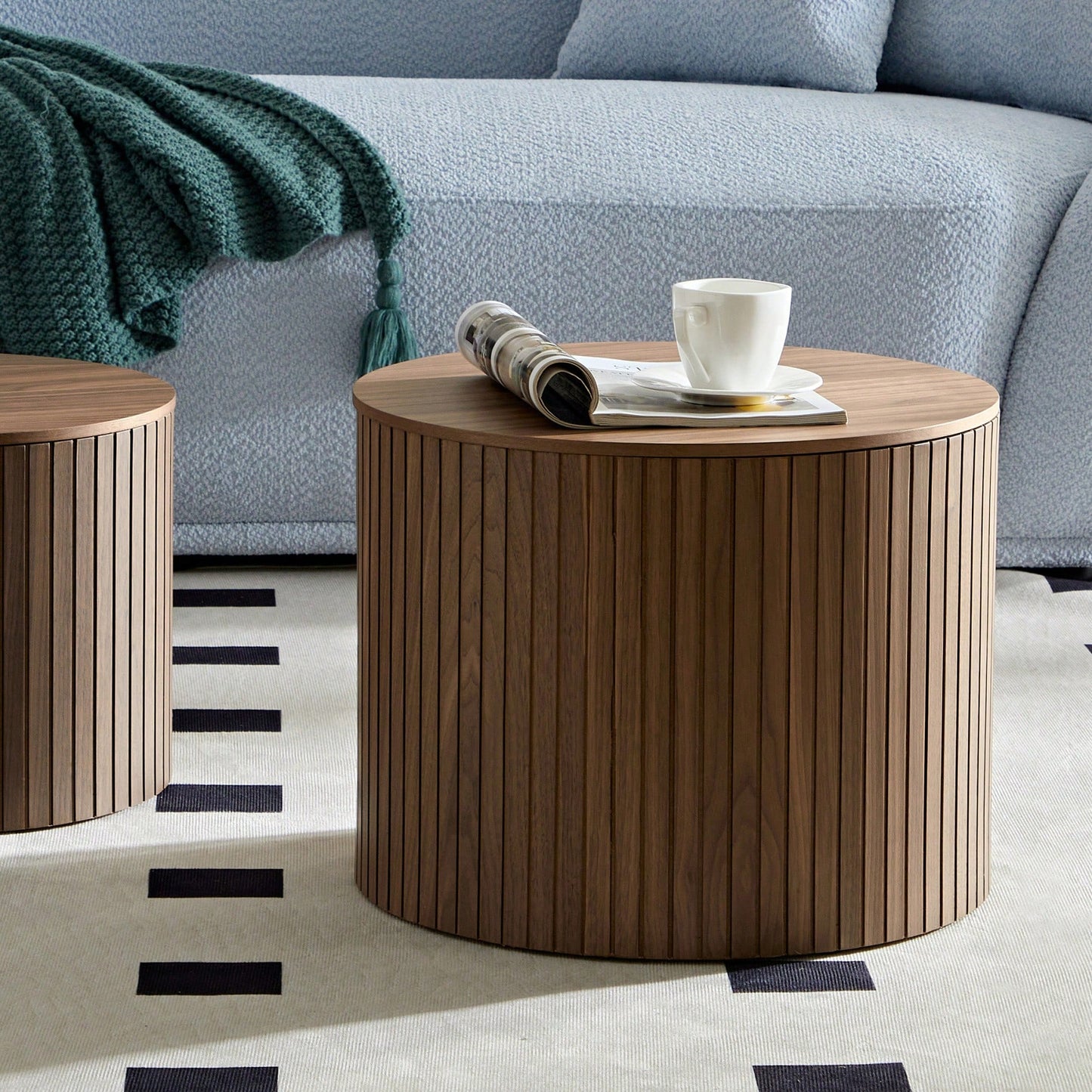 Handcrafted Round MDF Nested Coffee Table Set In Walnut Color For Living Room