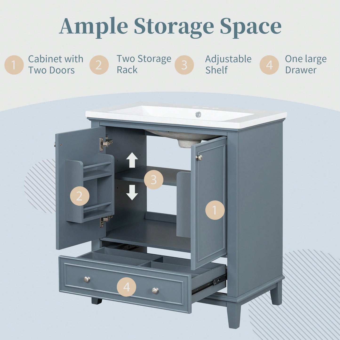 30 Inch Blue Bathroom Vanity Base Only Multi-Functional Cabinet With Doors And Drawer Solid Frame MDF Board
