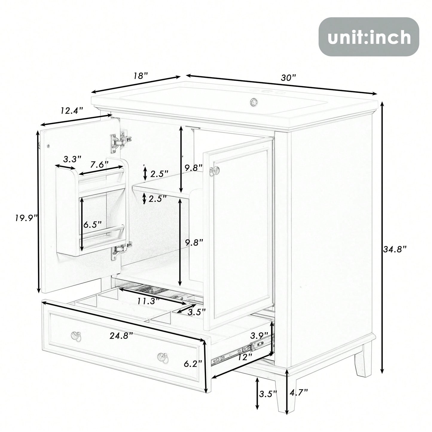 30 Inch Blue Bathroom Vanity Base Only Multi-Functional Cabinet With Doors And Drawer Solid Frame MDF Board